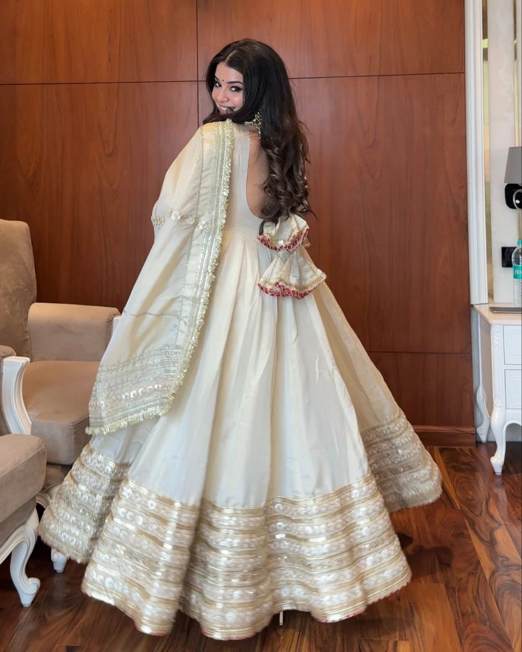 White Premium Chinnon Silk Full Flaired Anarkali Set