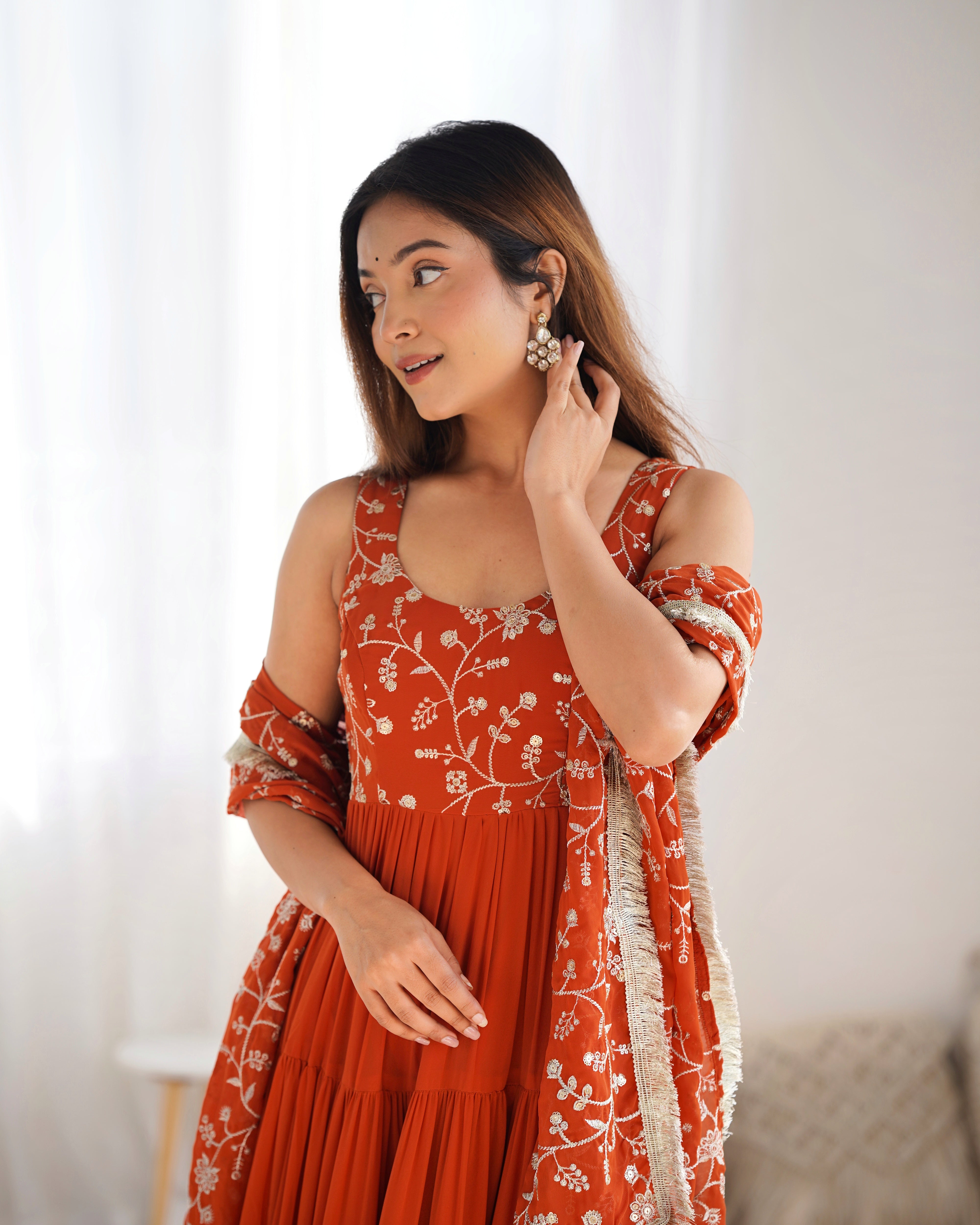 Orange Designer Fox Georgette Anarkali Set – 12+ Mtr Flair with Embroidered Dupatta & Silk Pant