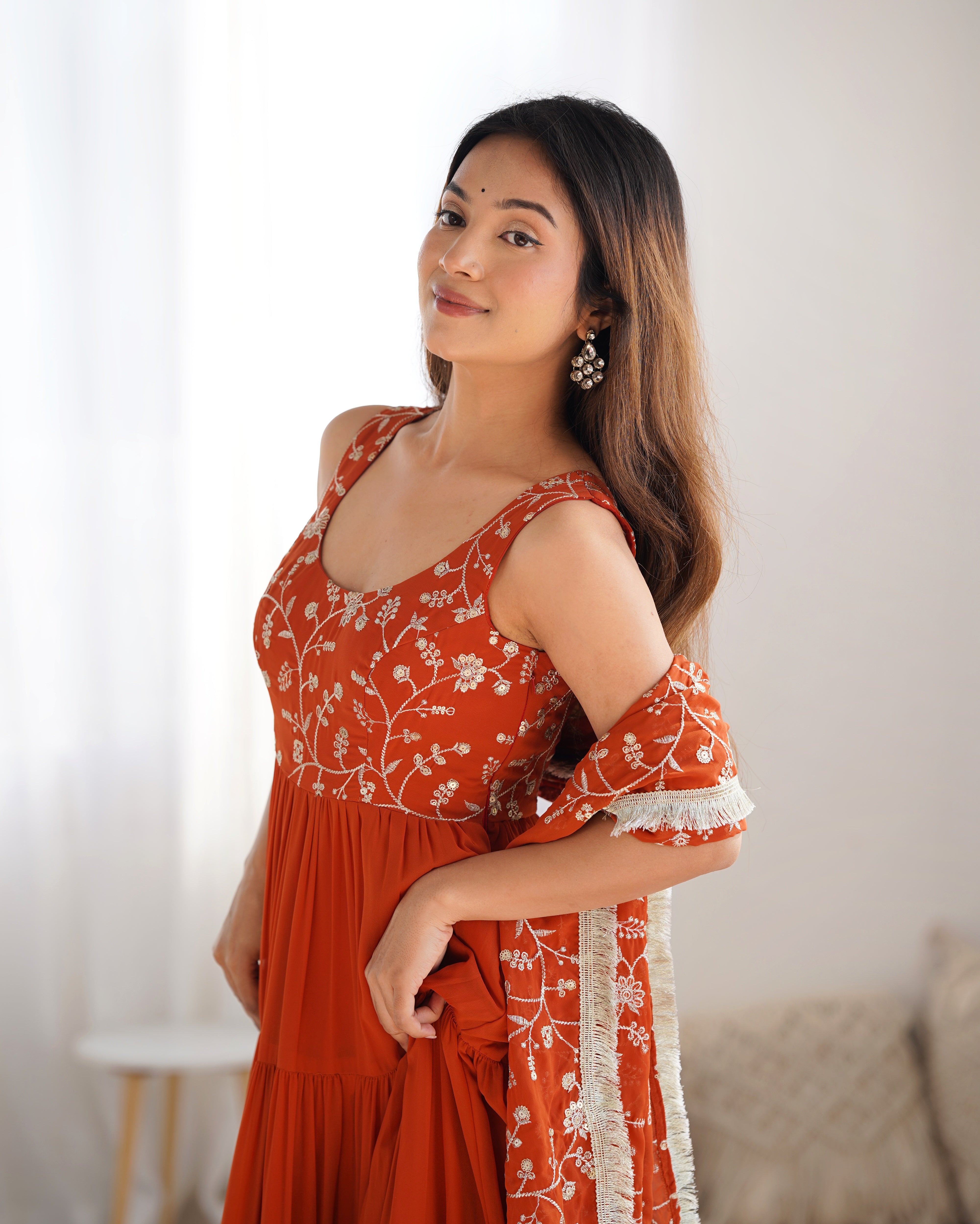 Orange Designer Fox Georgette Anarkali Set – 12+ Mtr Flair with Embroidered Dupatta & Silk Pant