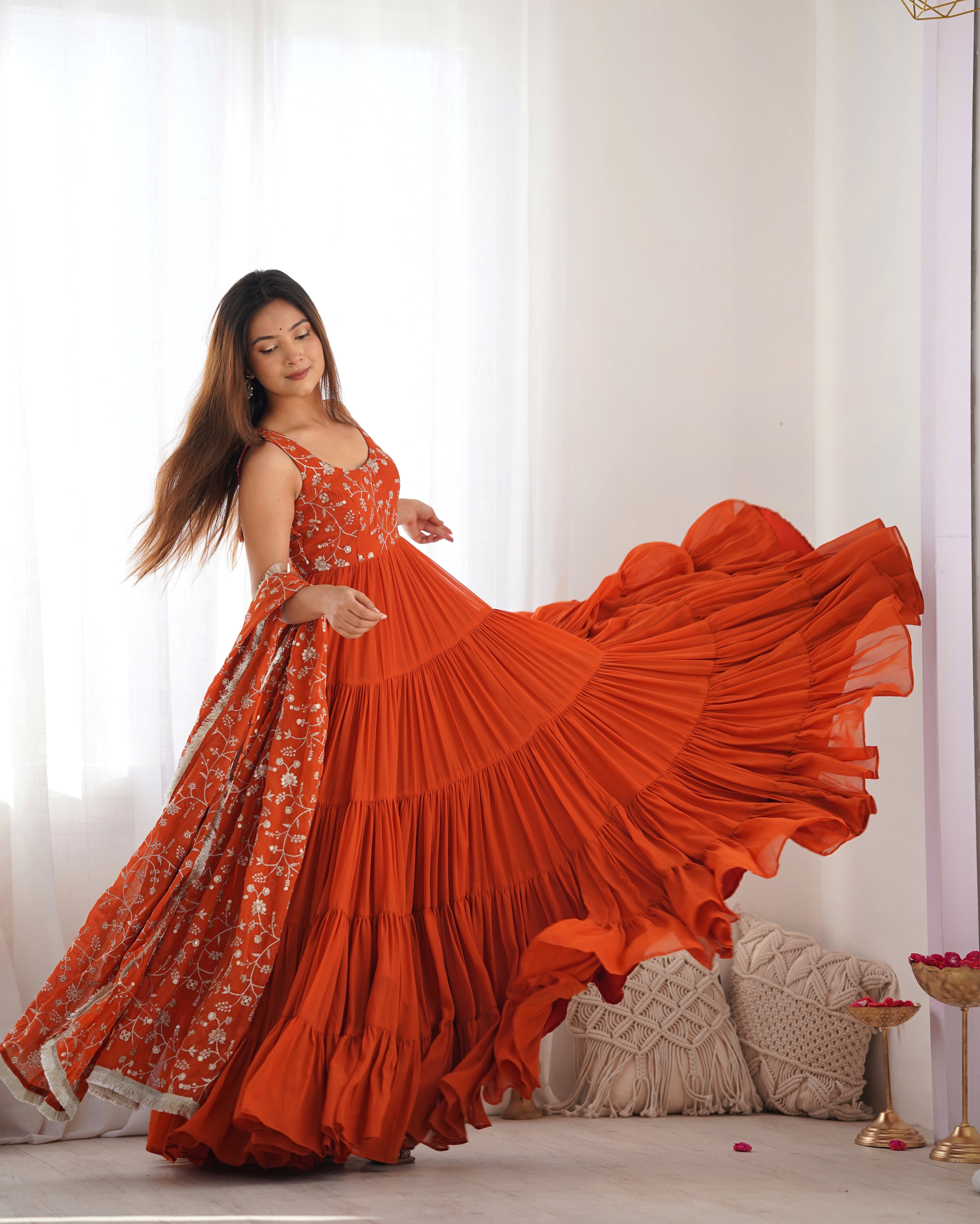 Orange Designer Fox Georgette Anarkali Set – 12+ Mtr Flair with Embroidered Dupatta & Silk Pant