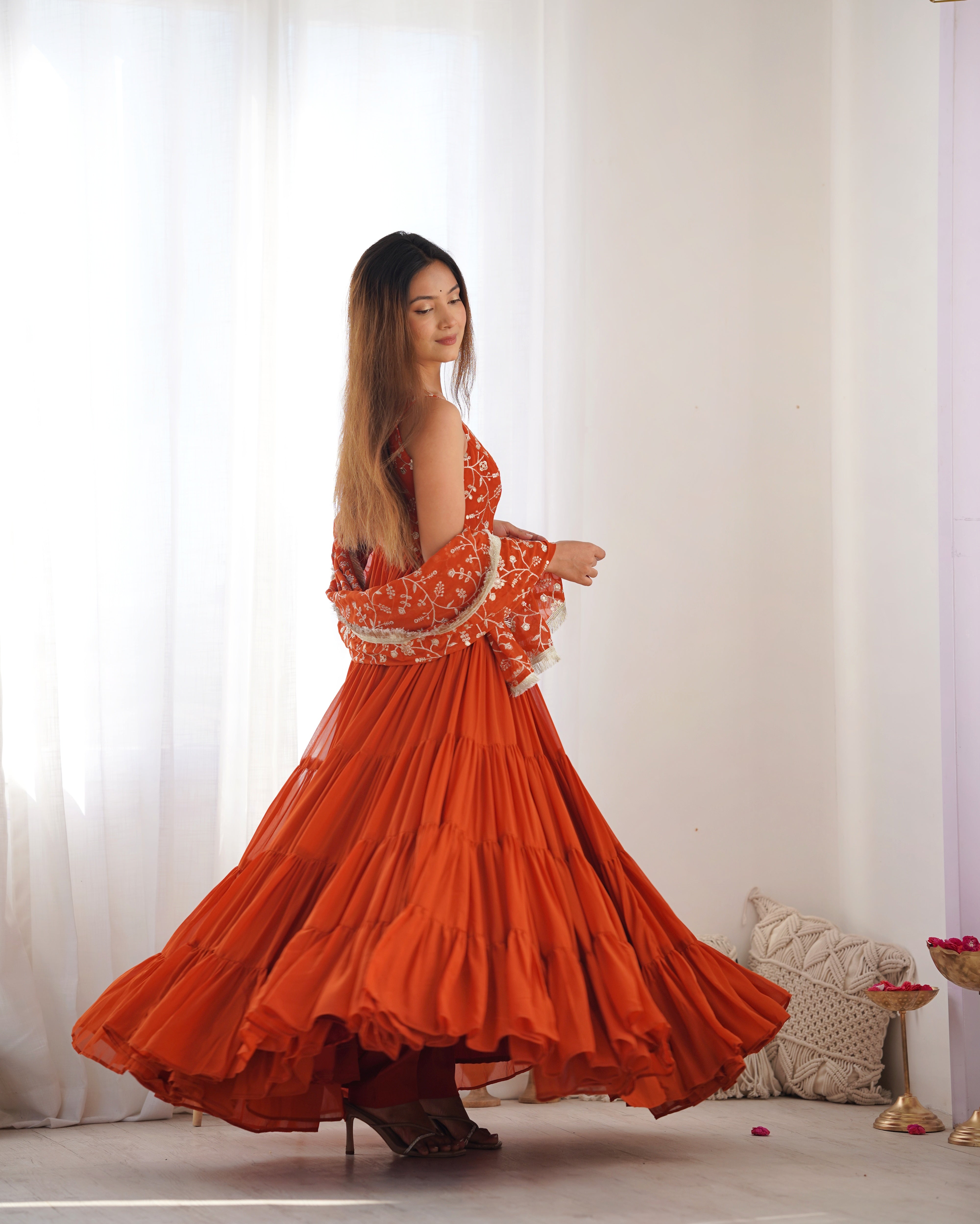 Orange Designer Fox Georgette Anarkali Set – 12+ Mtr Flair with Embroidered Dupatta & Silk Pant