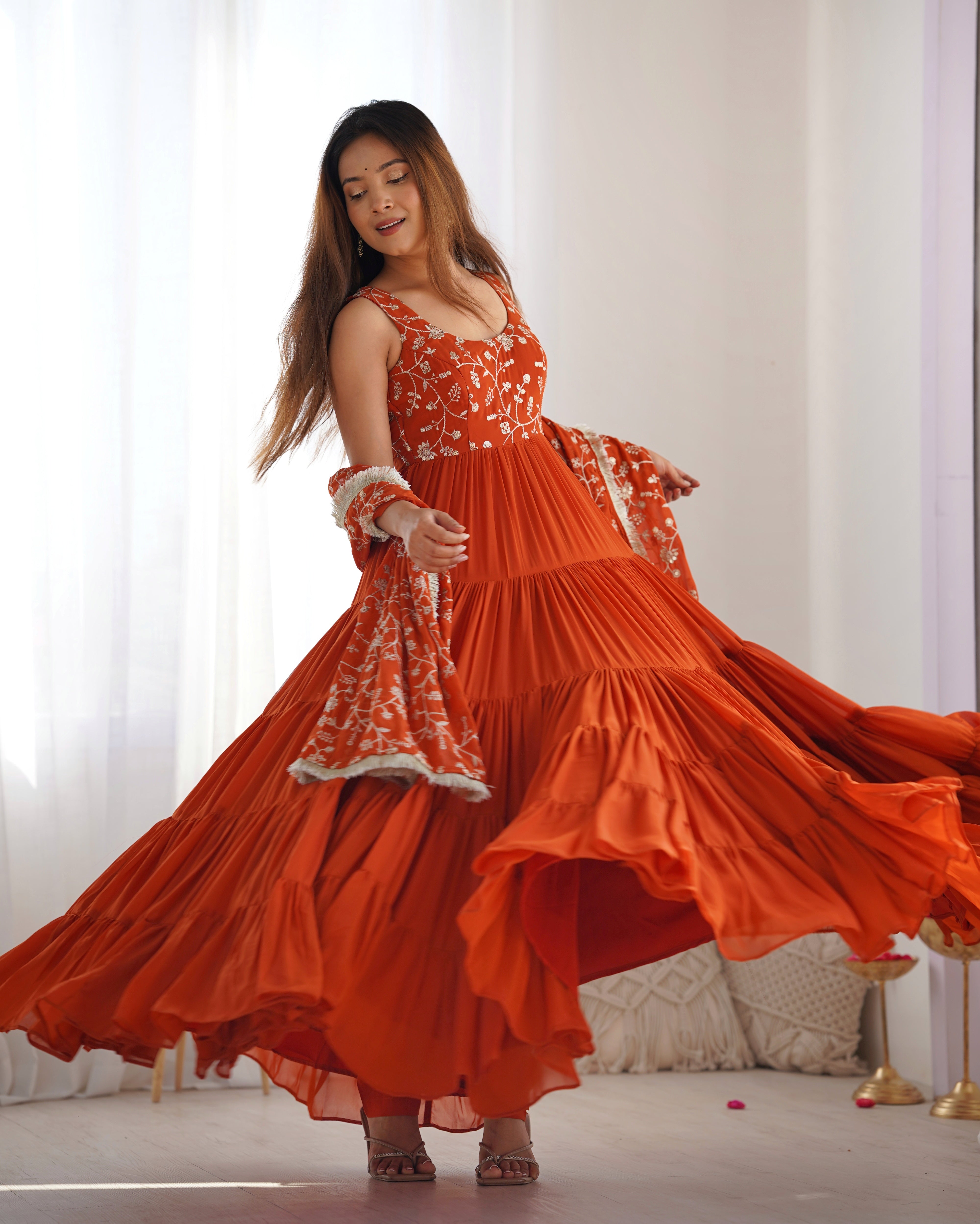 Orange Designer Fox Georgette Anarkali Set – 12+ Mtr Flair with Embroidered Dupatta & Silk Pant