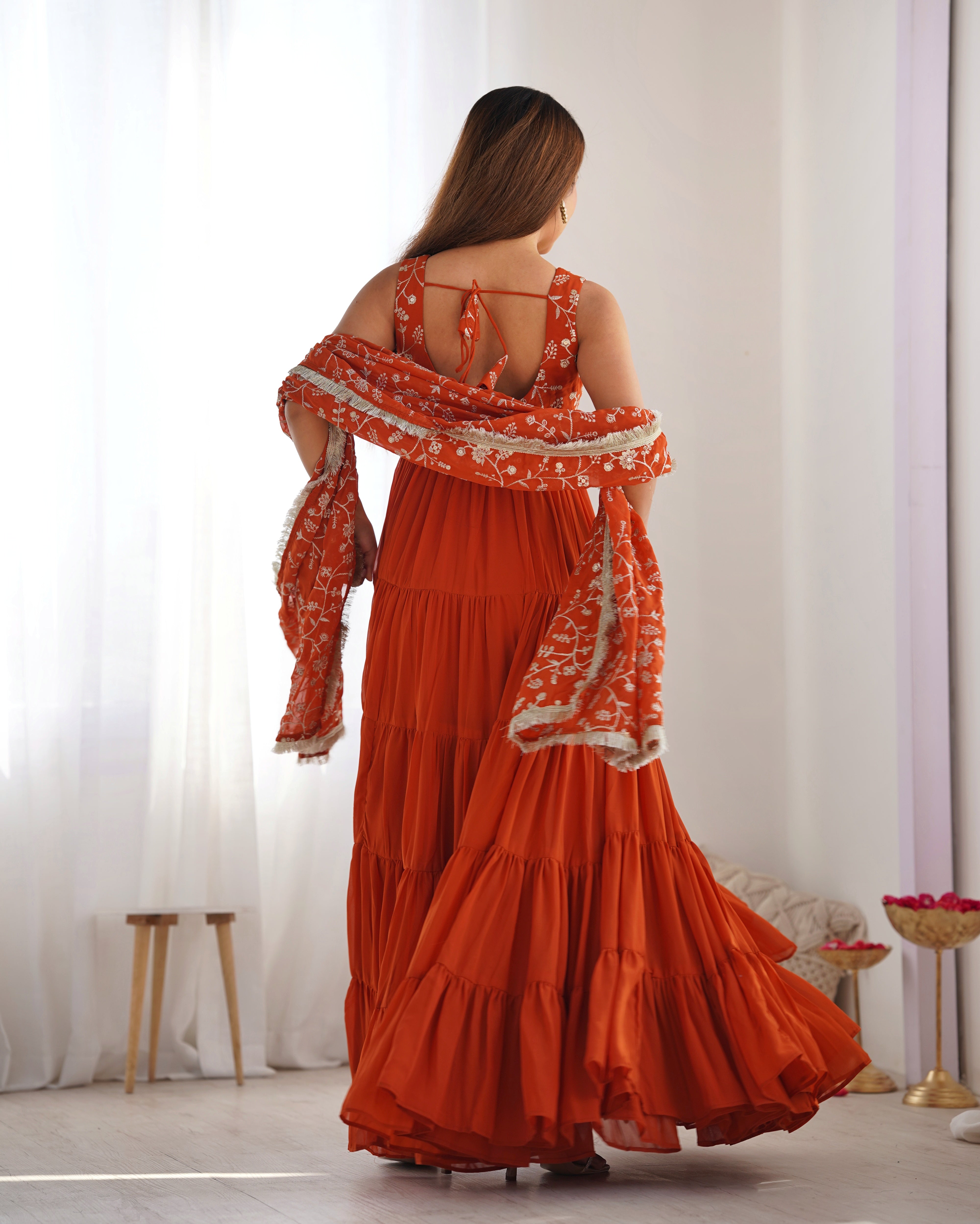 Orange Designer Fox Georgette Anarkali Set – 12+ Mtr Flair with Embroidered Dupatta & Silk Pant