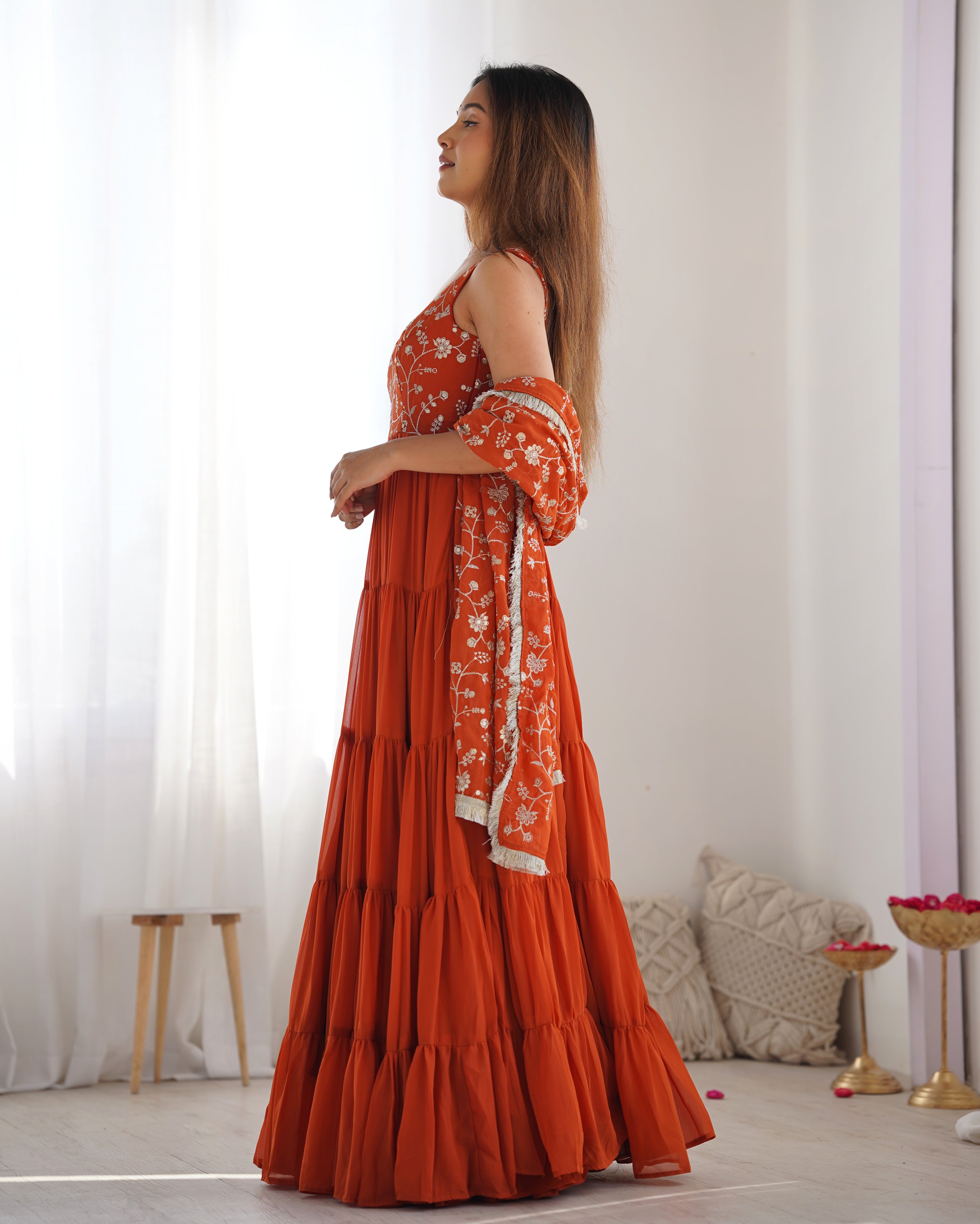 Orange Designer Fox Georgette Anarkali Set – 12+ Mtr Flair with Embroidered Dupatta & Silk Pant