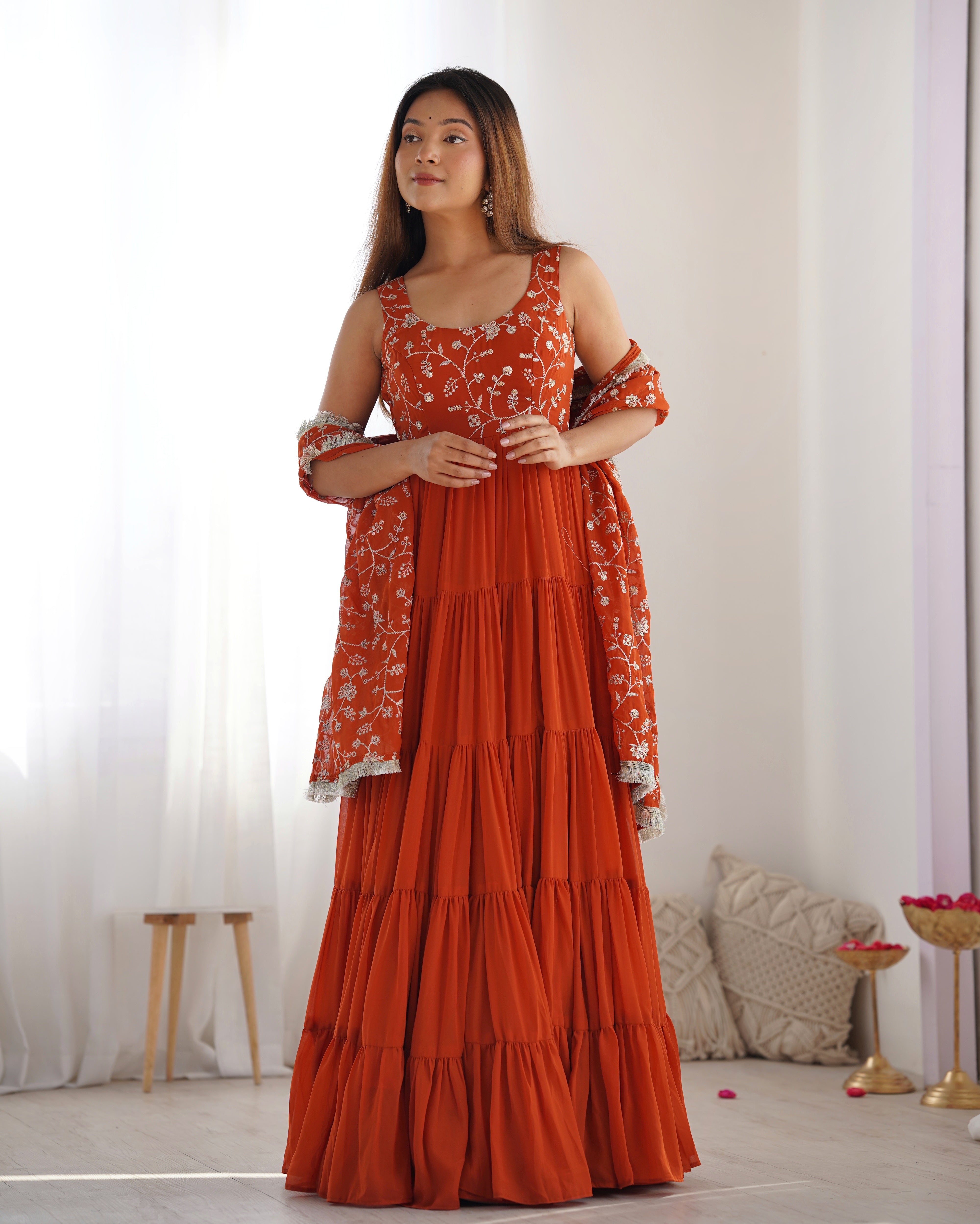 Orange Designer Fox Georgette Anarkali Set – 12+ Mtr Flair with Embroidered Dupatta & Silk Pant