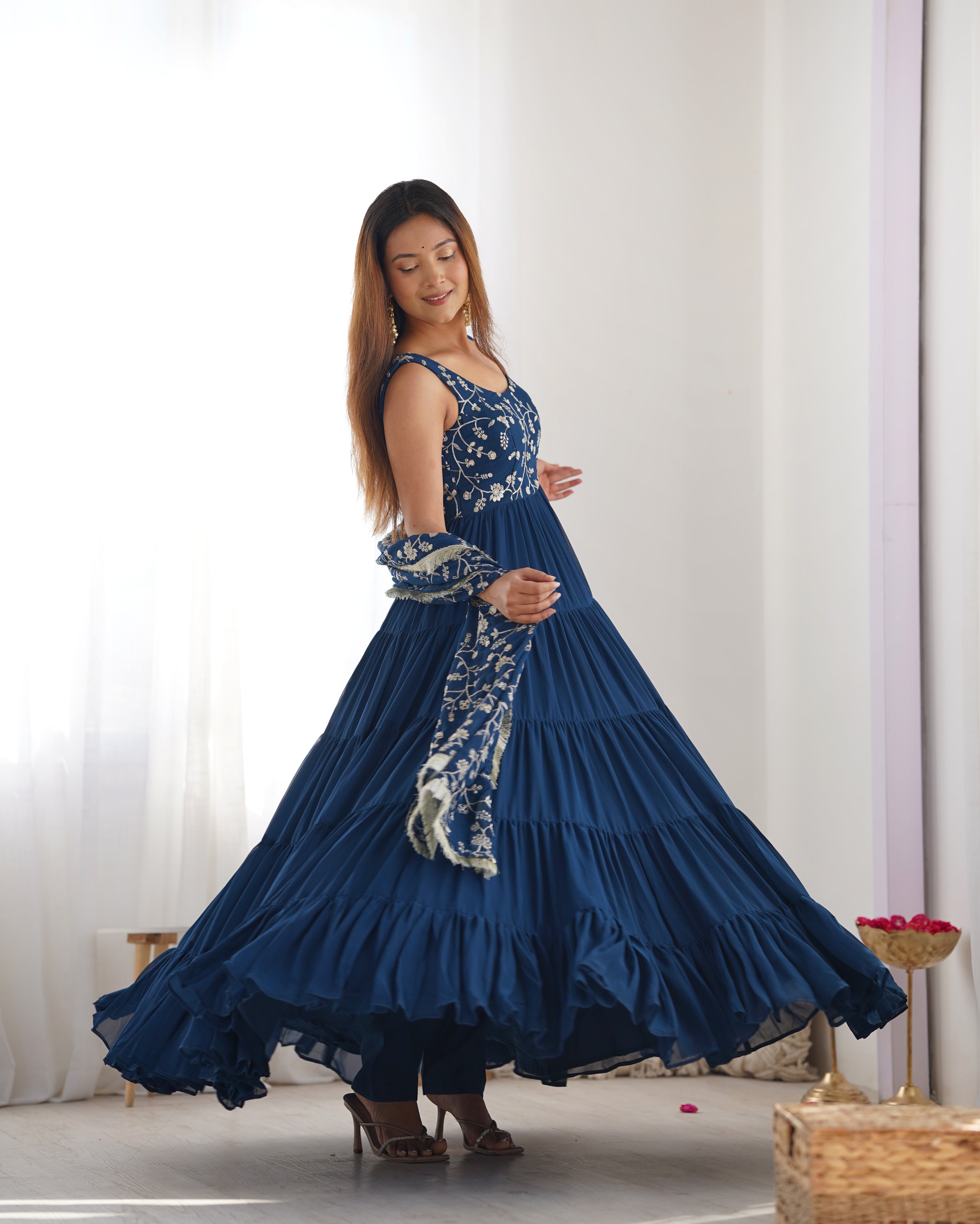 Designer Fox Georgette Anarkali Set – 12+ Mtr Flair with Embroidered Dupatta & Silk Pant