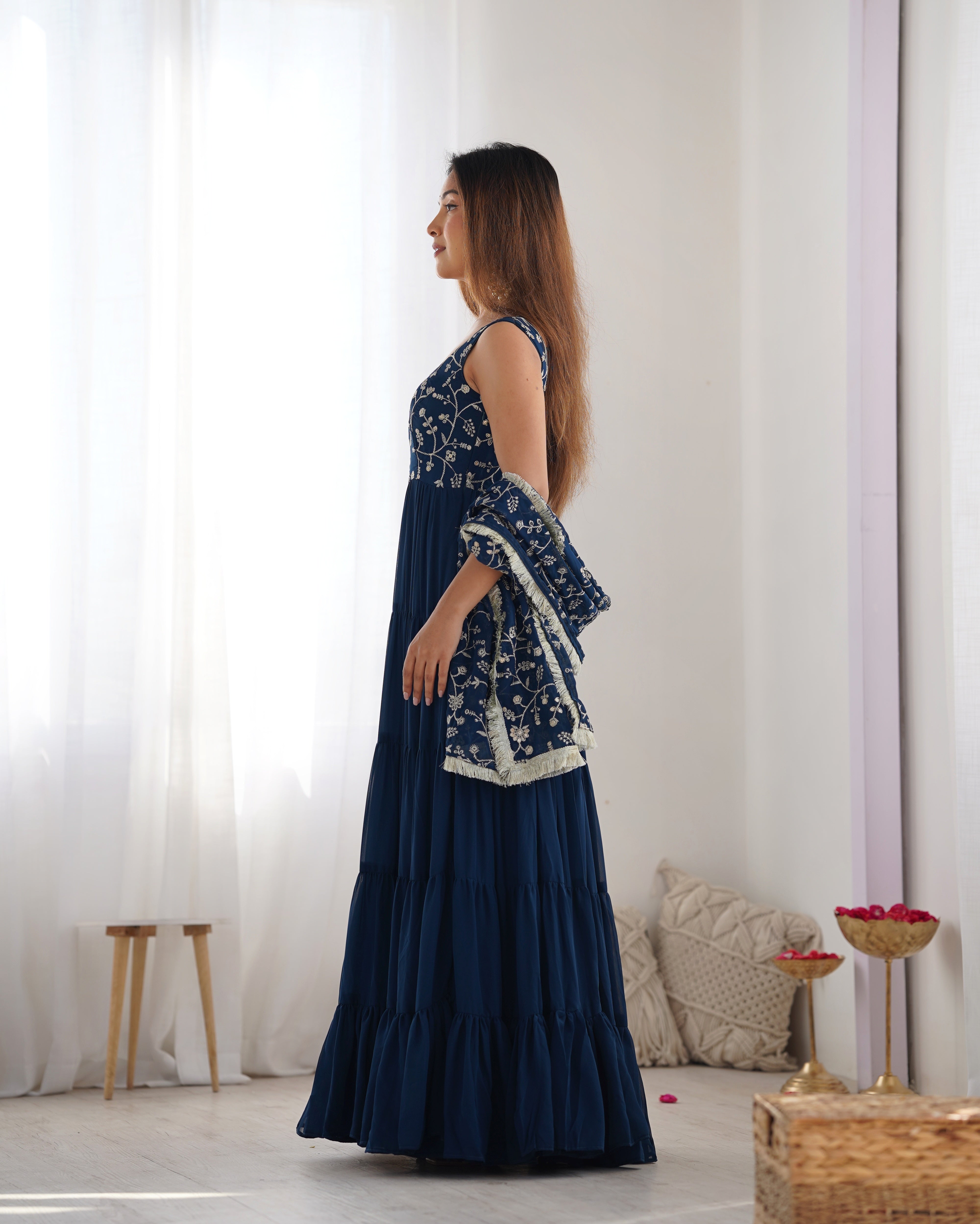 Designer Fox Georgette Anarkali Set – 12+ Mtr Flair with Embroidered Dupatta & Silk Pant