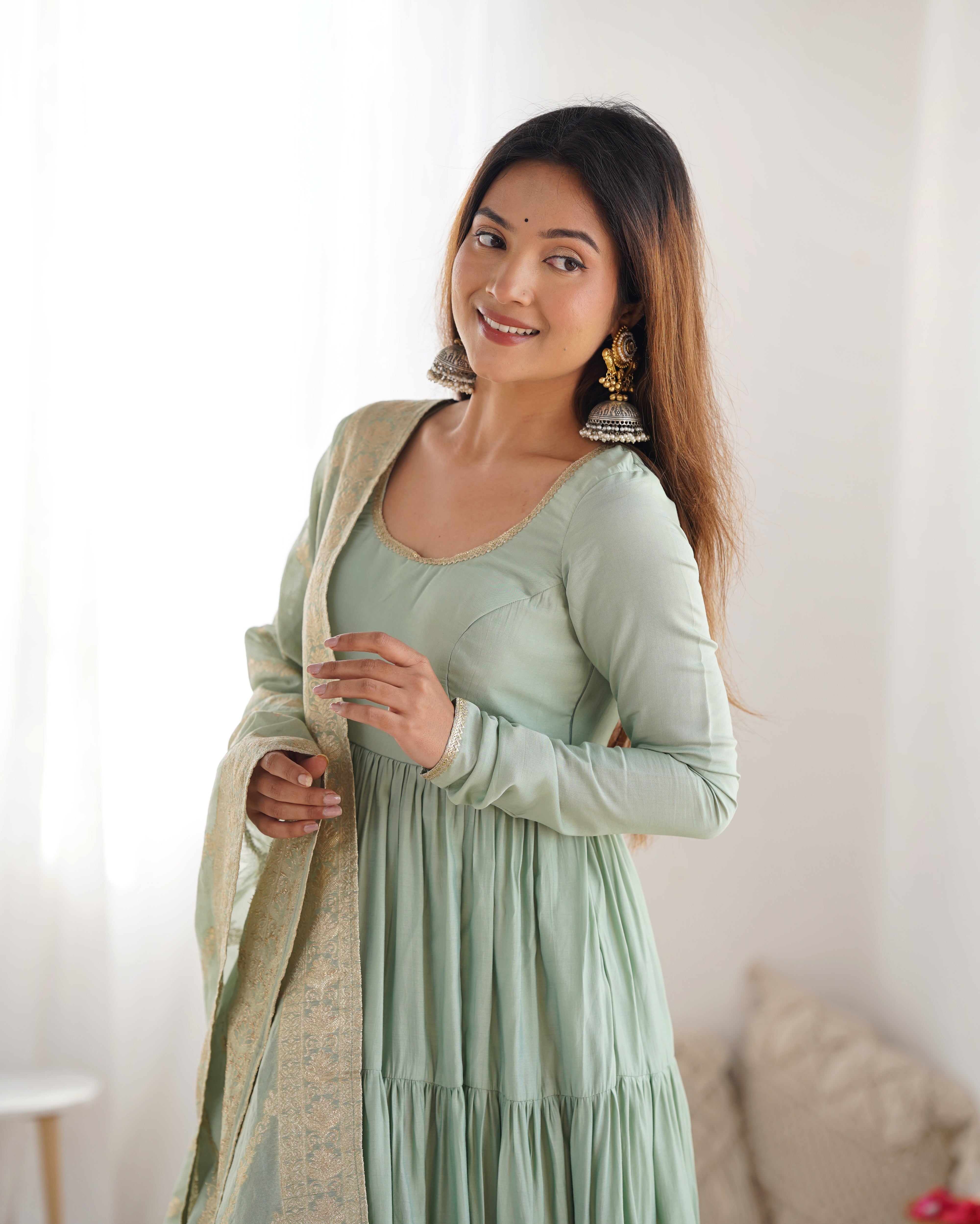 Luxury Roman Silk Chanderi Anarkali Set – 9+ Mtr Flair with Banarasi Dupatta & Pant