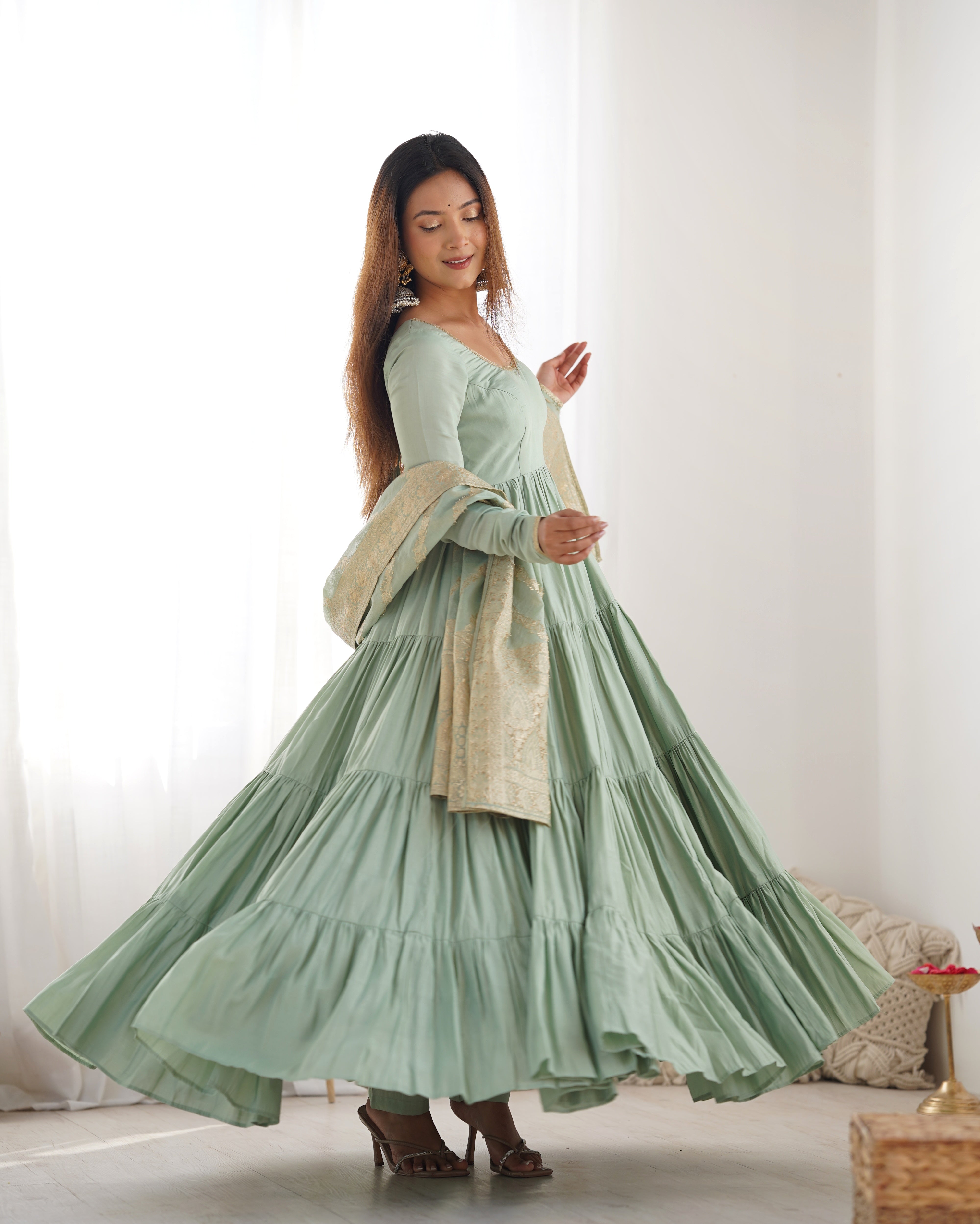 Luxury Roman Silk Chanderi Anarkali Set – 9+ Mtr Flair with Banarasi Dupatta & Pant