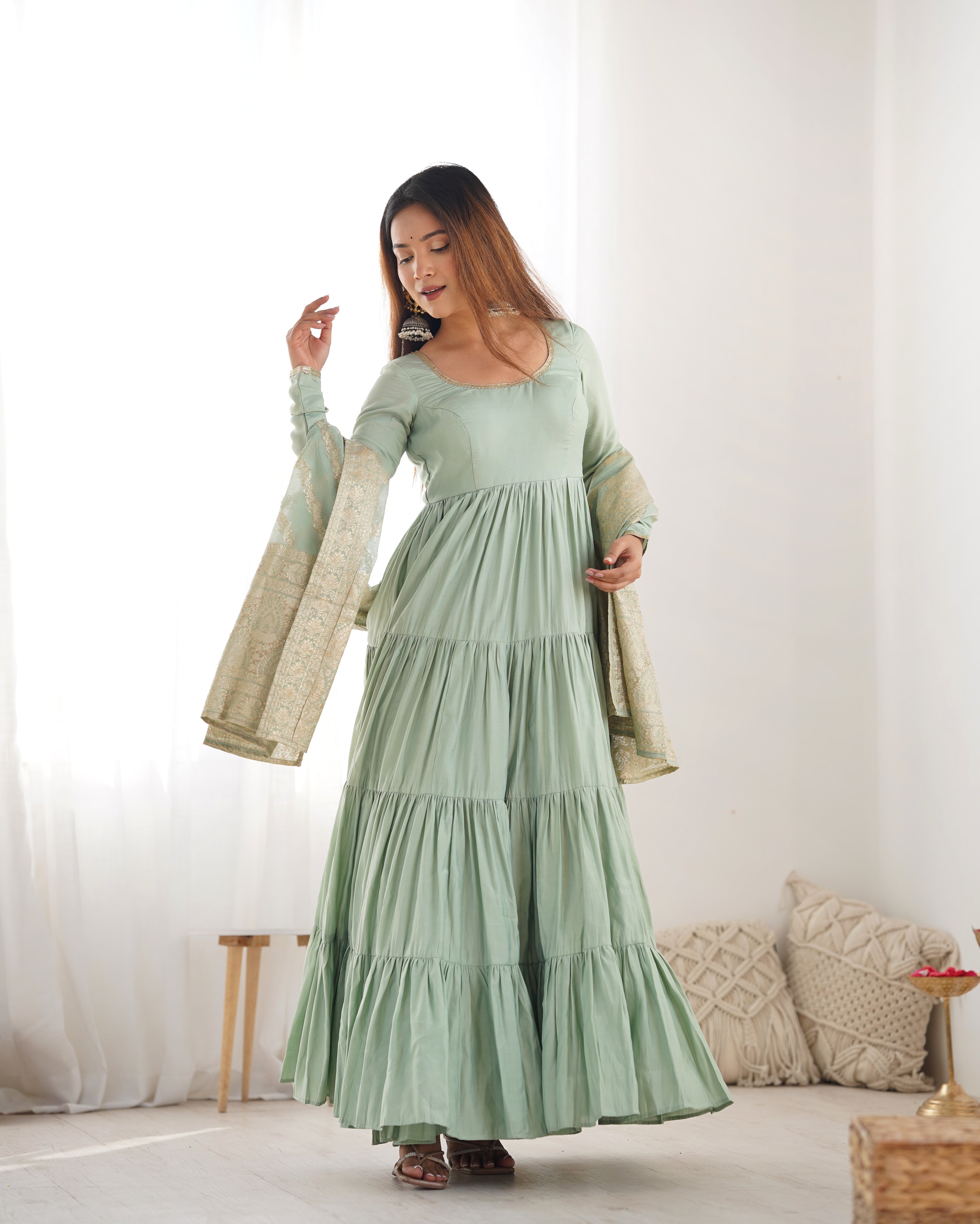 Luxury Roman Silk Chanderi Anarkali Set – 9+ Mtr Flair with Banarasi Dupatta & Pant