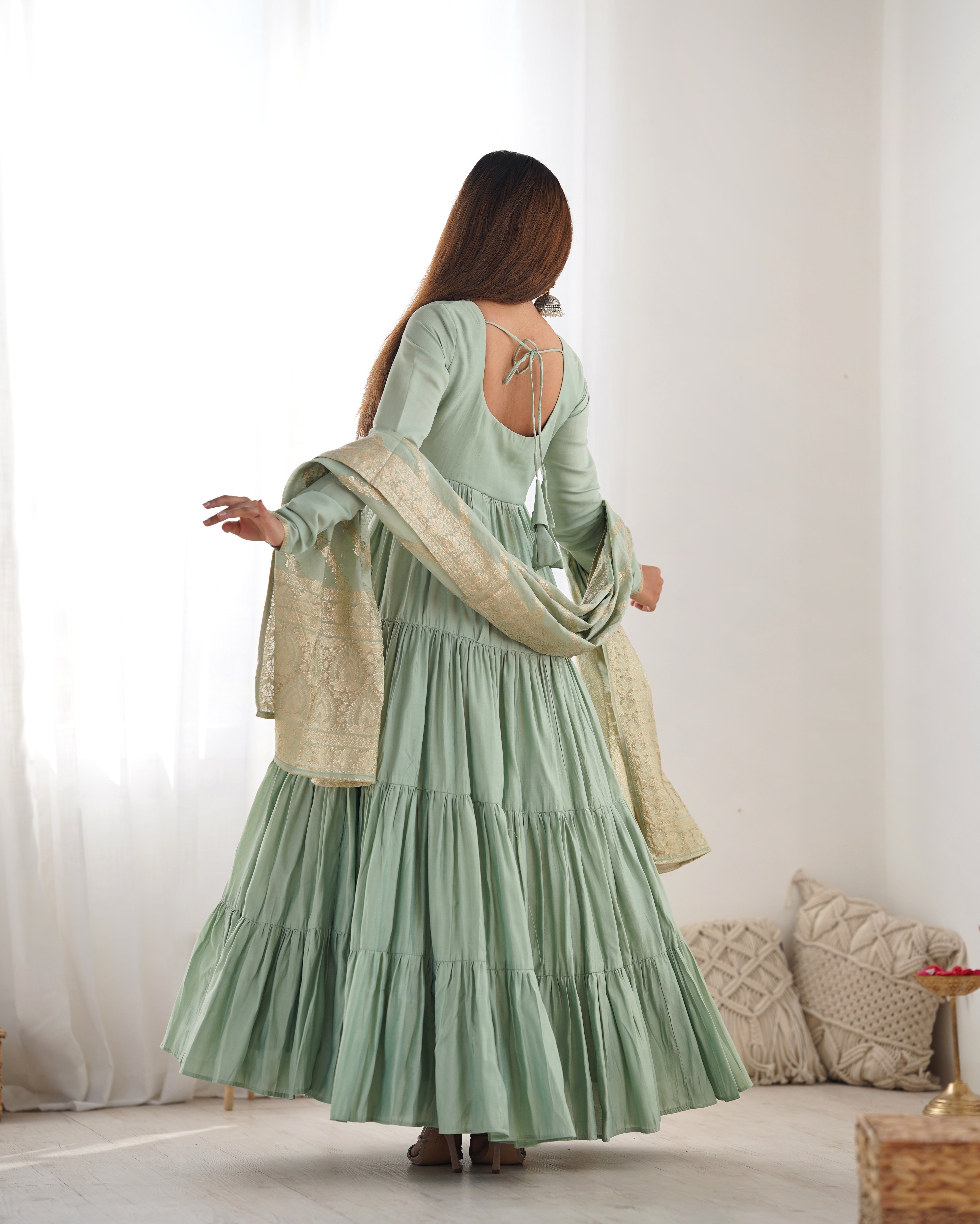 Luxury Roman Silk Chanderi Anarkali Set – 9+ Mtr Flair with Banarasi Dupatta & Pant