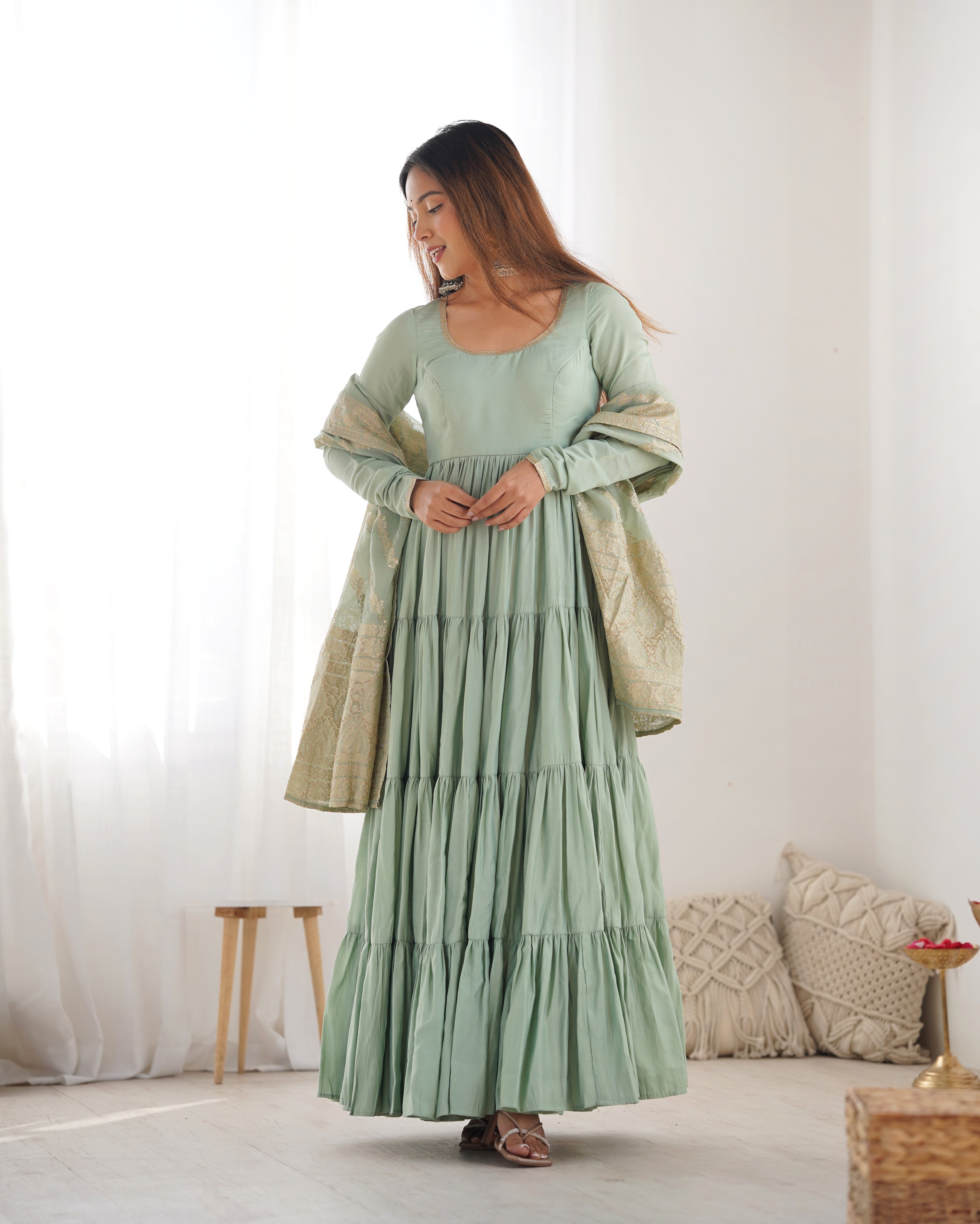 Luxury Roman Silk Chanderi Anarkali Set – 9+ Mtr Flair with Banarasi Dupatta & Pant