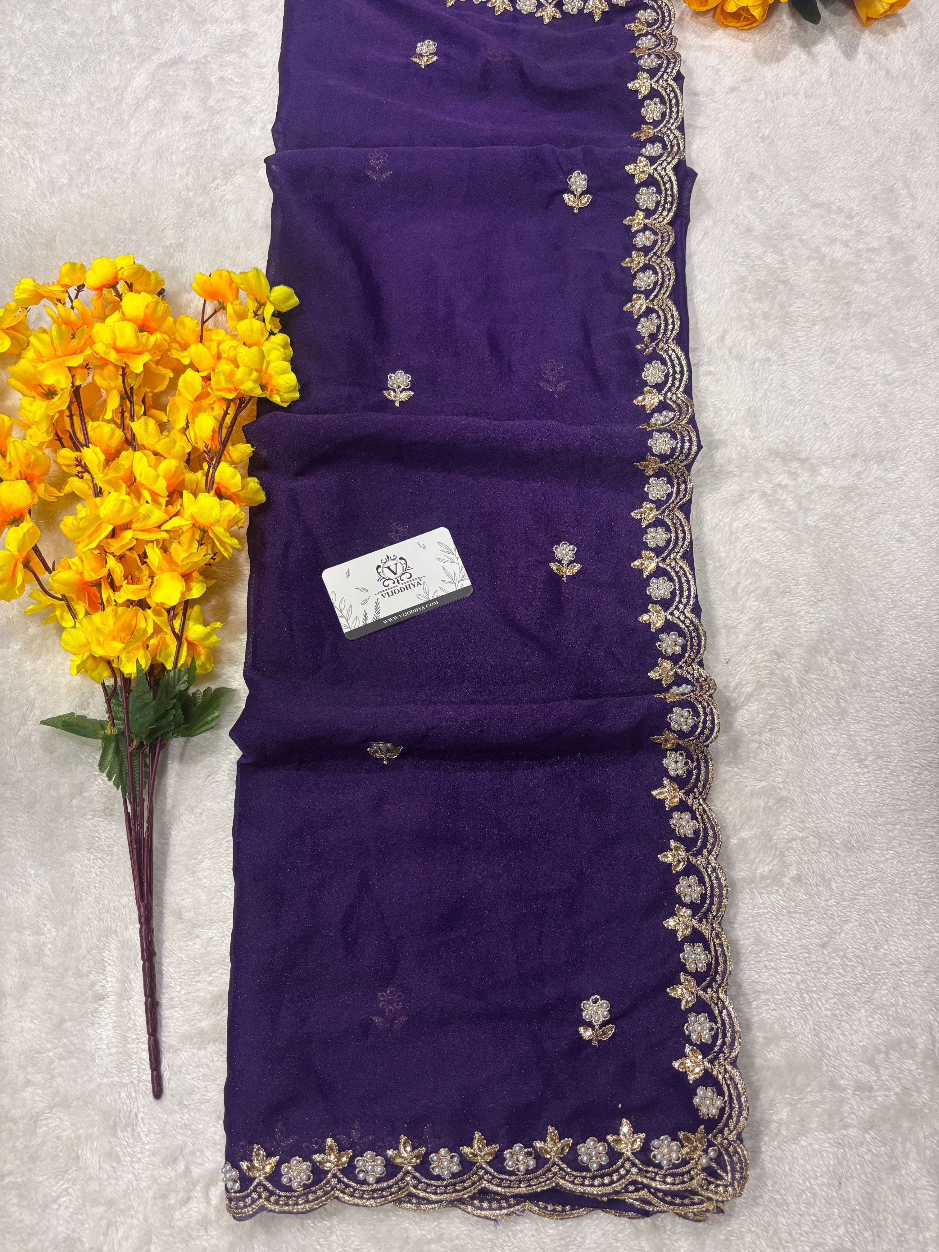 New Function Wear Moss Chiffon Designer Handwork Saree With Diamond Border Cut