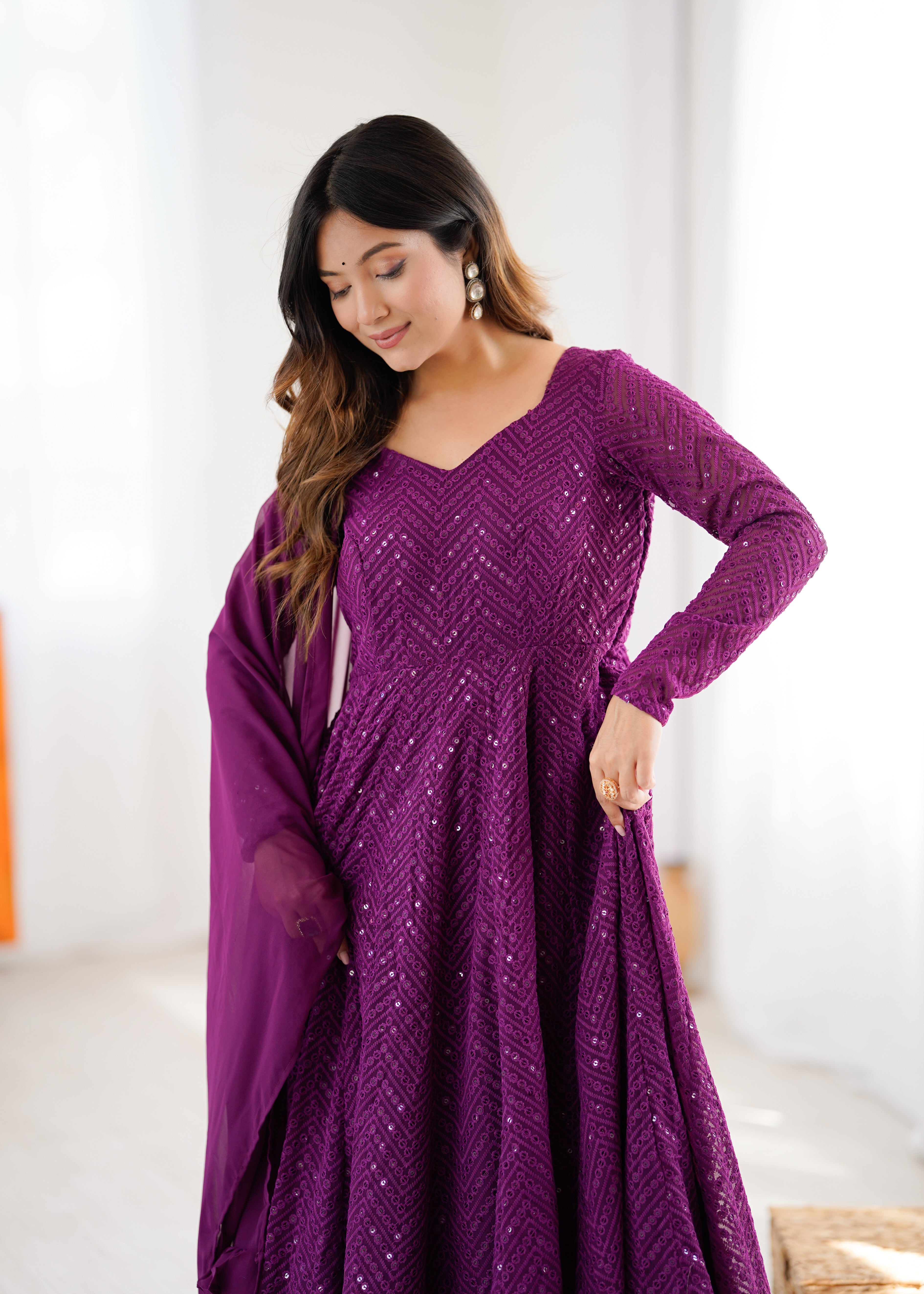 Wine New Partywear Designer Premium Fox Georgette with Lucknowi Sequence Work Anarkali Set