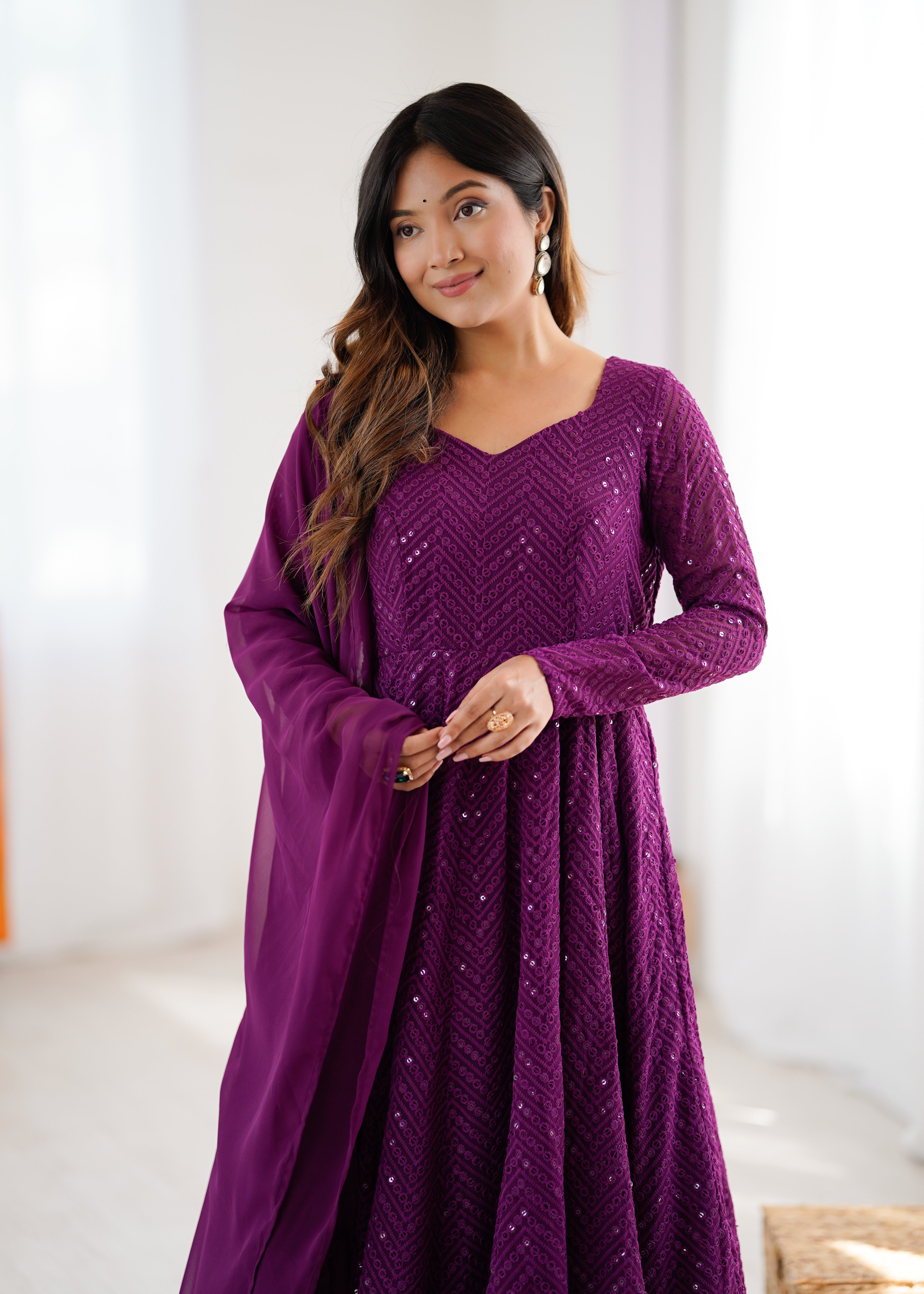 Wine New Partywear Designer Premium Fox Georgette with Lucknowi Sequence Work Anarkali Set
