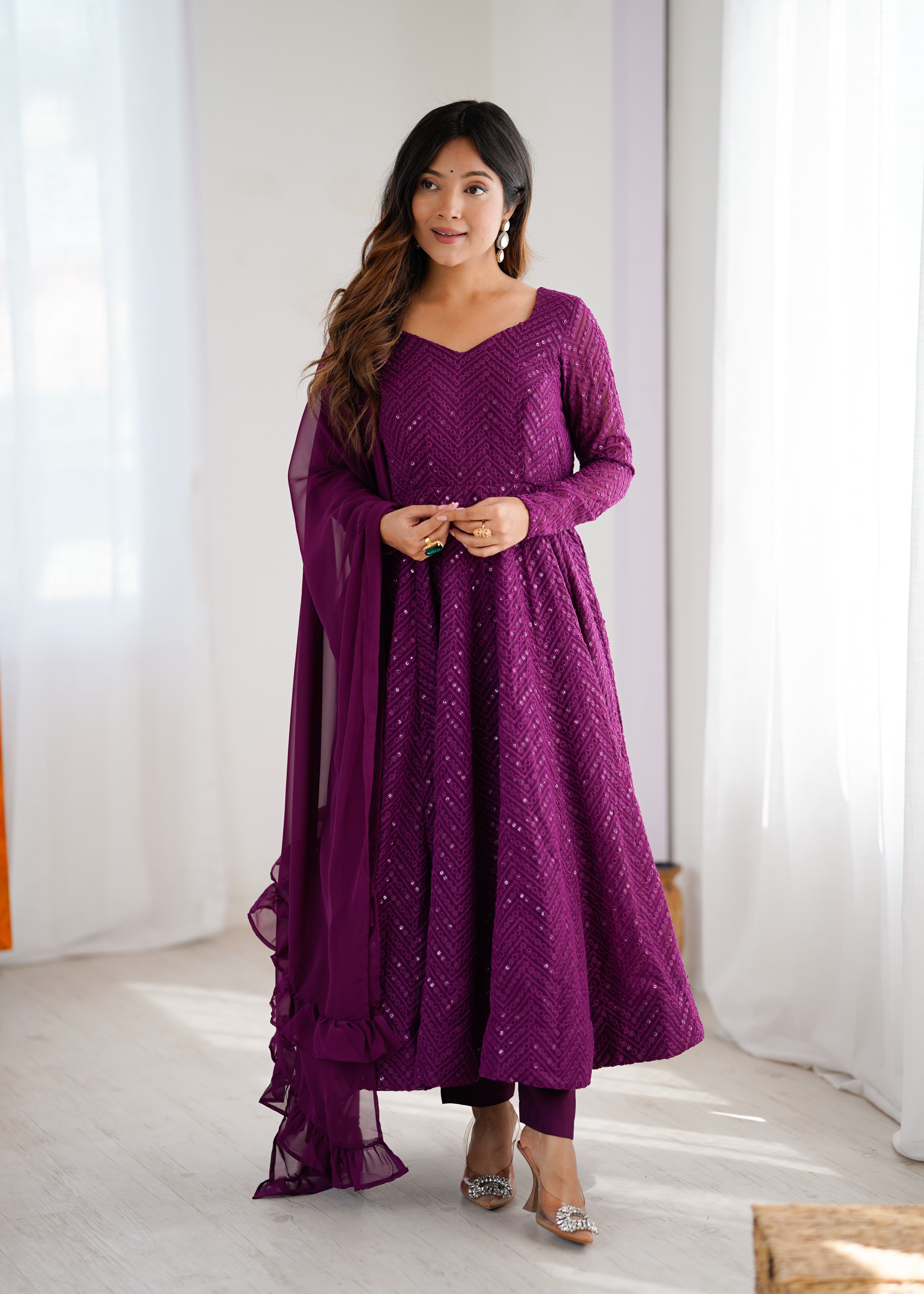 Wine New Partywear Designer Premium Fox Georgette with Lucknowi Sequence Work Anarkali Set