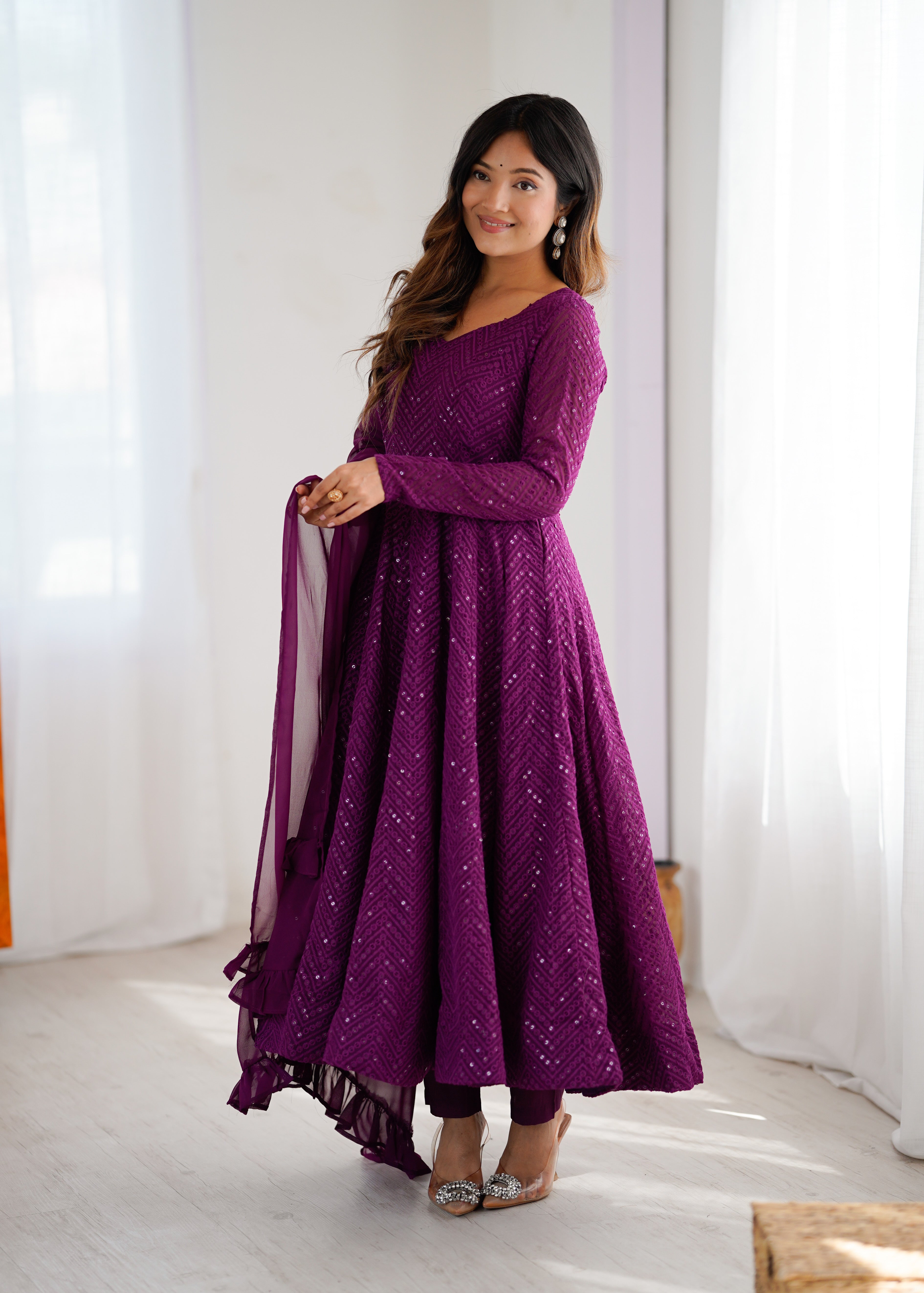 Wine New Partywear Designer Premium Fox Georgette with Lucknowi Sequence Work Anarkali Set