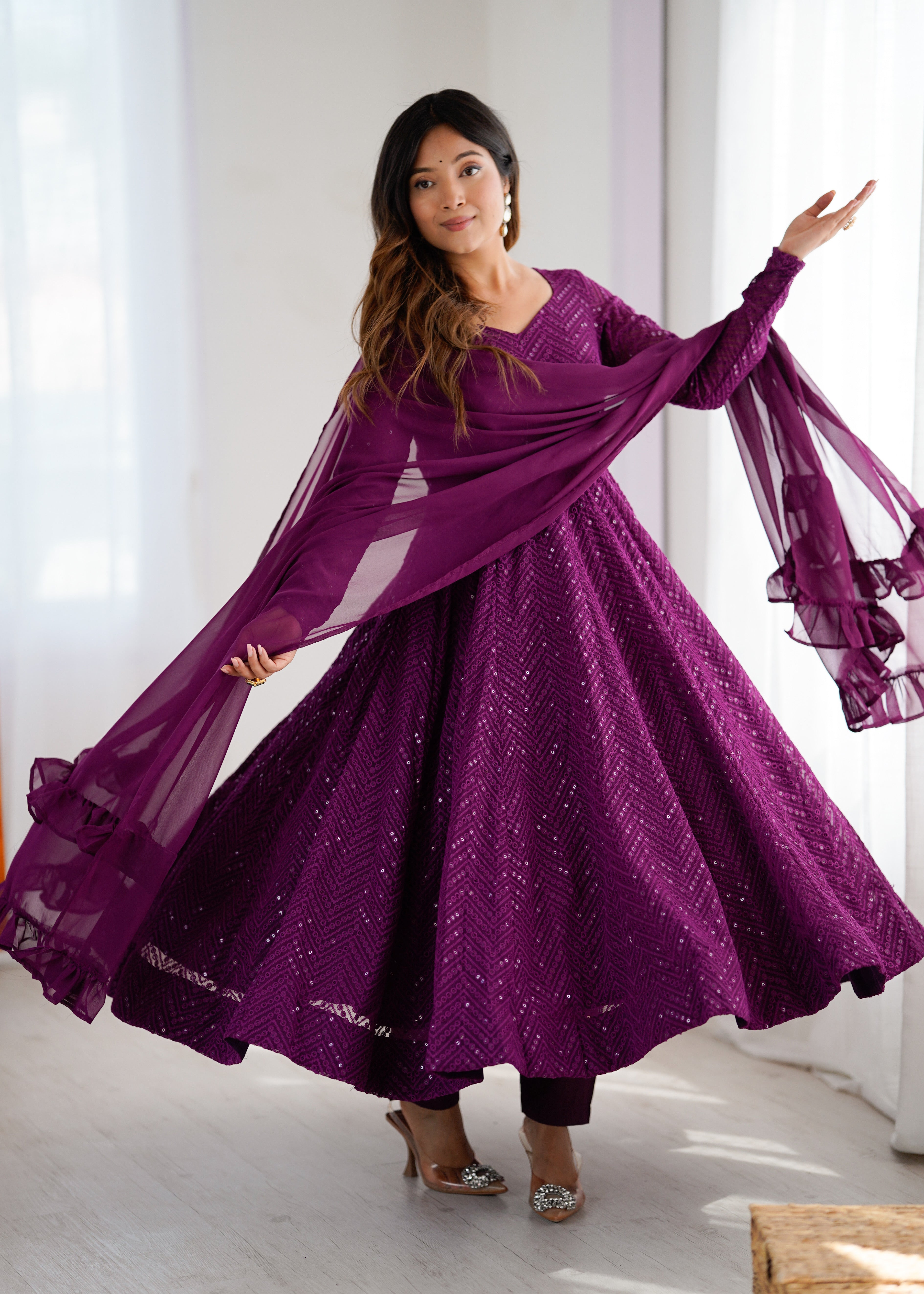 Wine New Partywear Designer Premium Fox Georgette with Lucknowi Sequence Work Anarkali Set