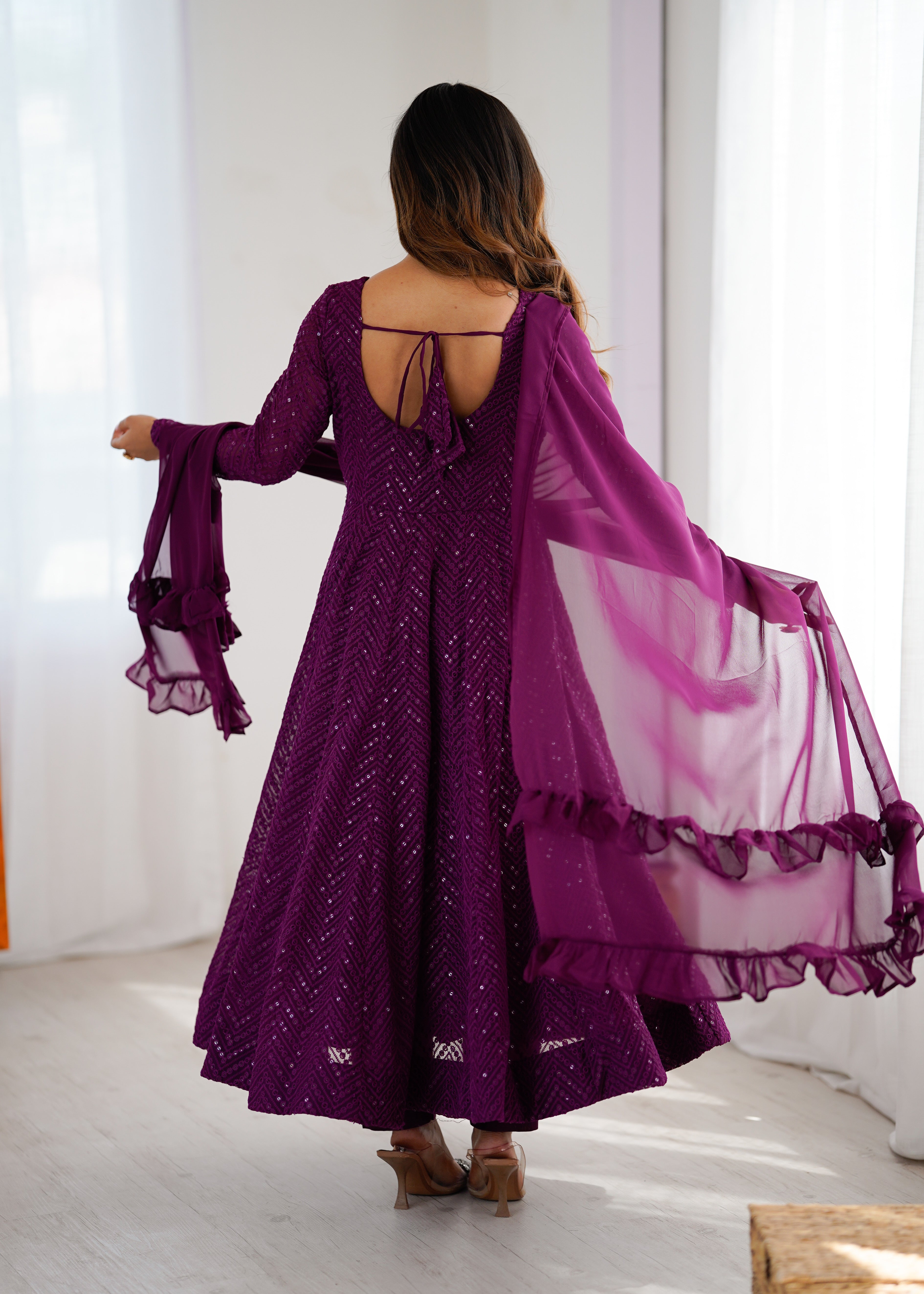 Wine New Partywear Designer Premium Fox Georgette with Lucknowi Sequence Work Anarkali Set