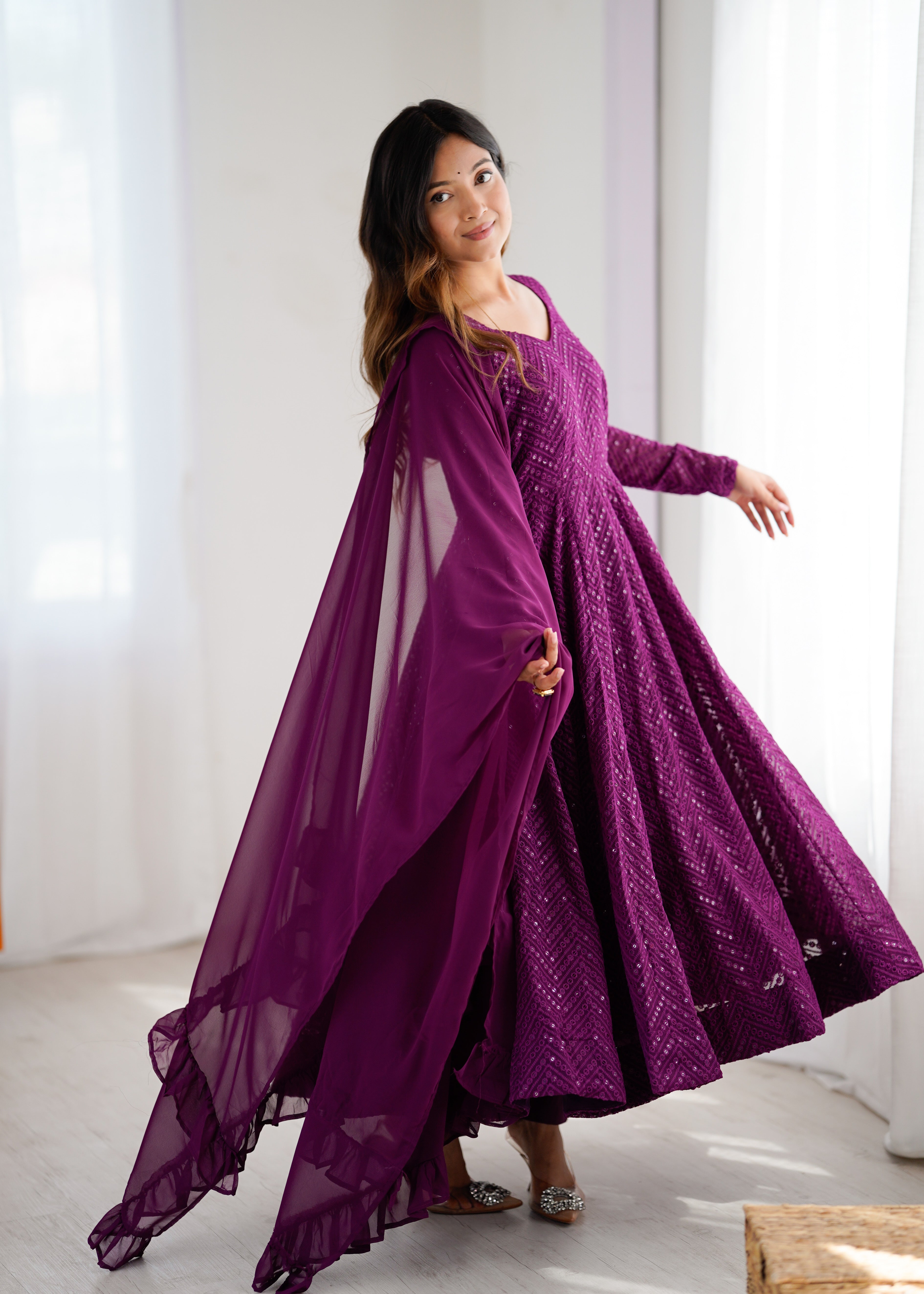 Wine New Partywear Designer Premium Fox Georgette with Lucknowi Sequence Work Anarkali Set