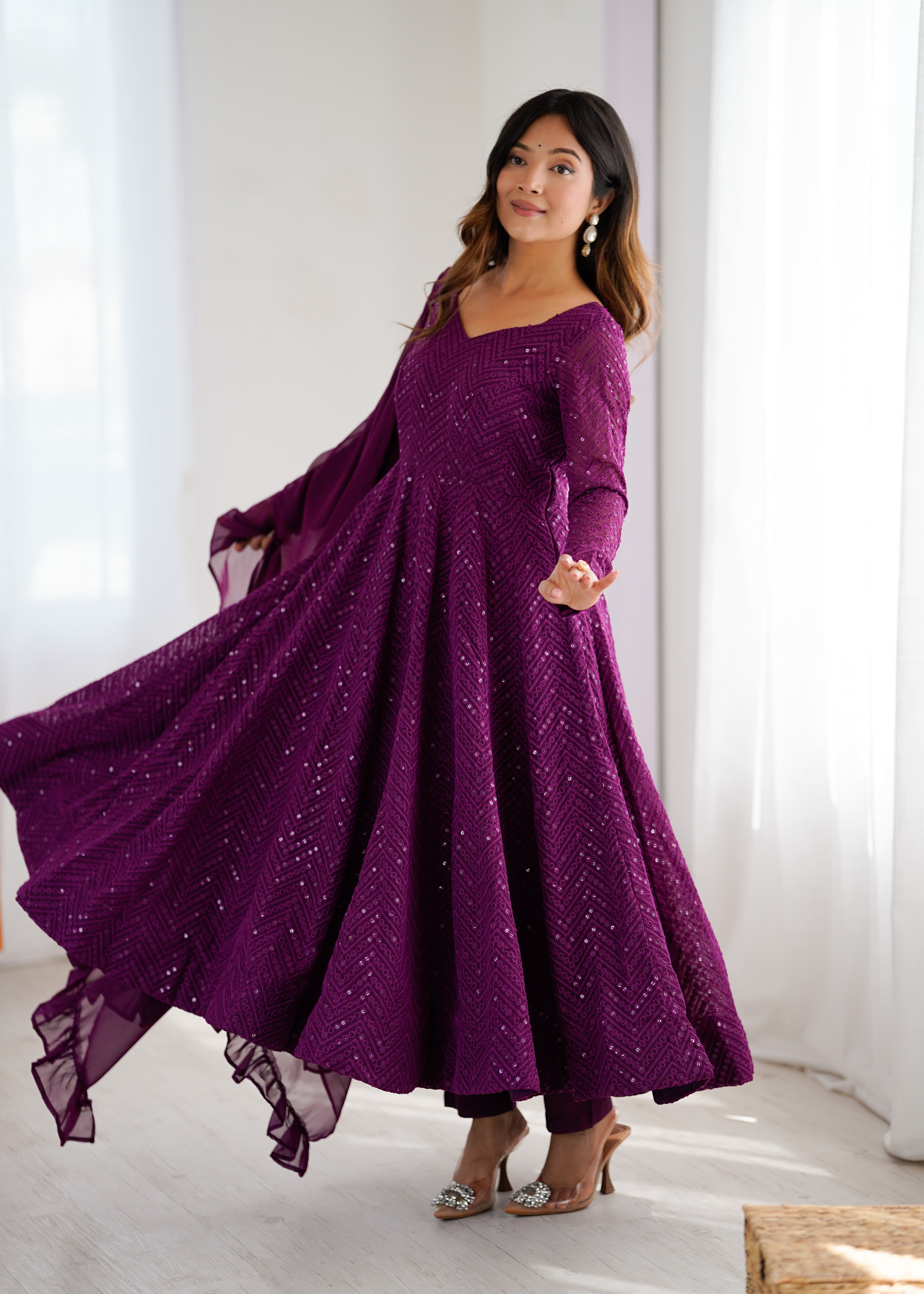 Wine New Partywear Designer Premium Fox Georgette with Lucknowi Sequence Work Anarkali Set