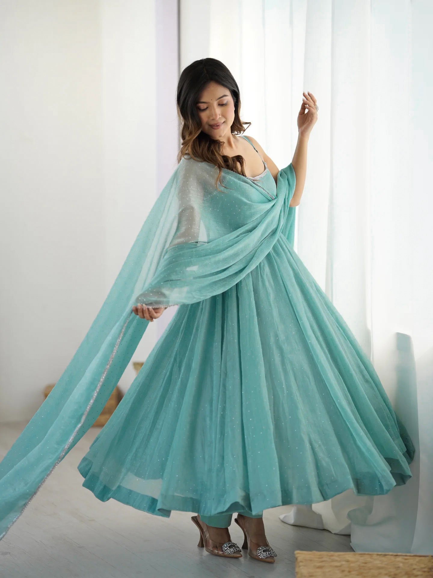 Crunchy Silk Anarkali Set with Sirozki Work & Dupatta