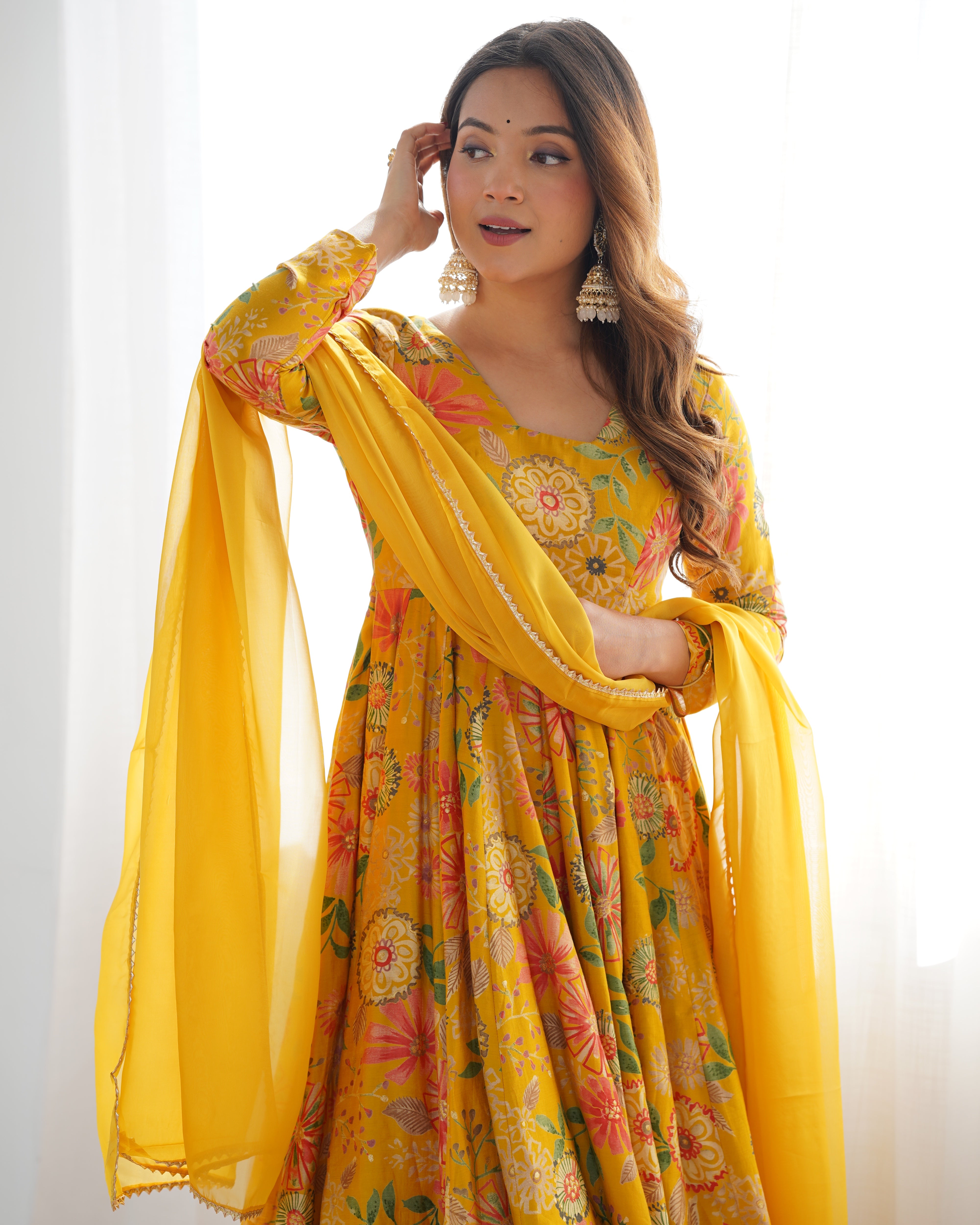 Yellow Designer Roman Silk Chanderi Kediya Kurta Set – 4 Mtr Flair with Organza Dupatta & Palazzo