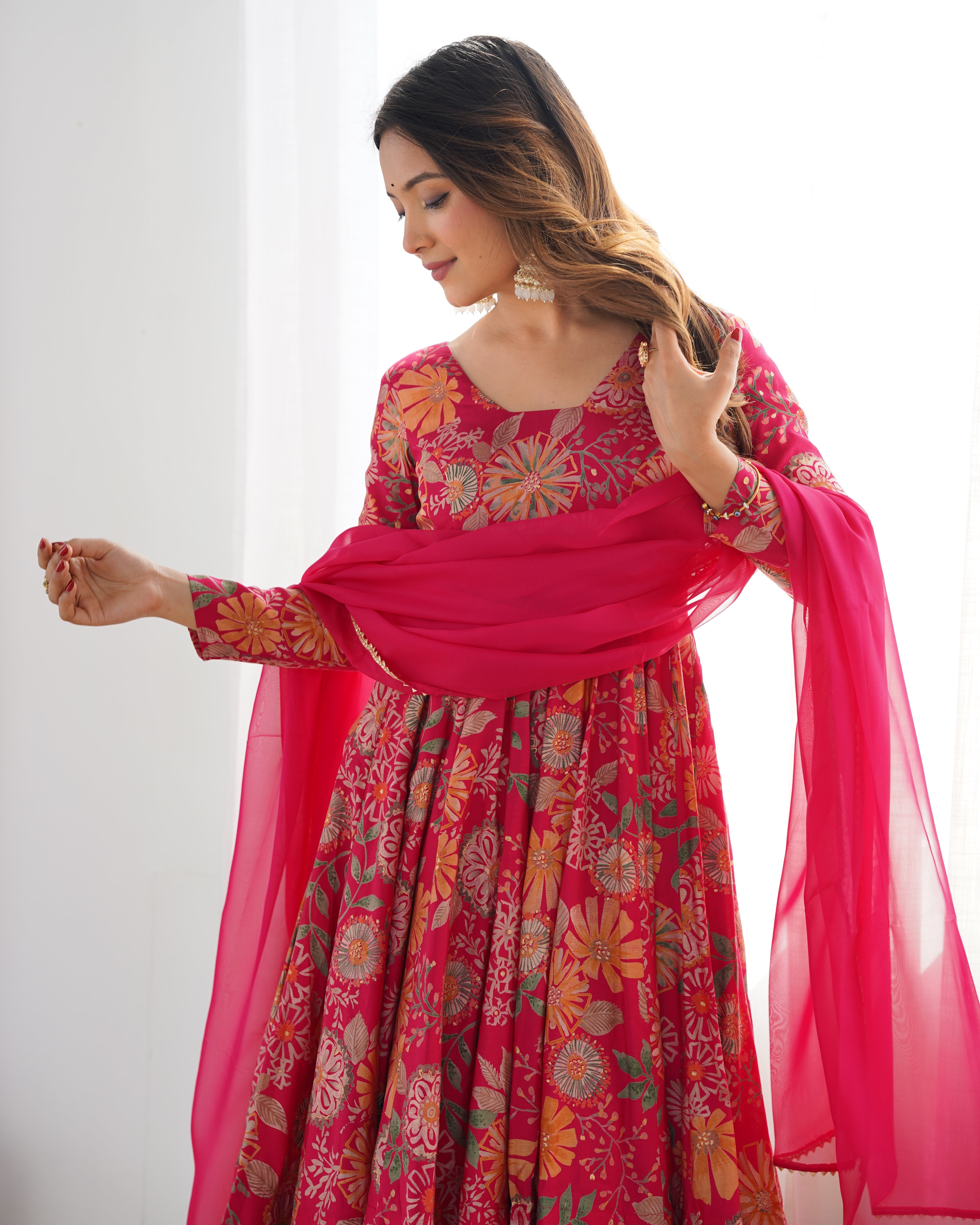 Pink Designer Roman Silk Chanderi Kediya Kurta Set – 4 Mtr Flair with Organza Dupatta & Palazzo