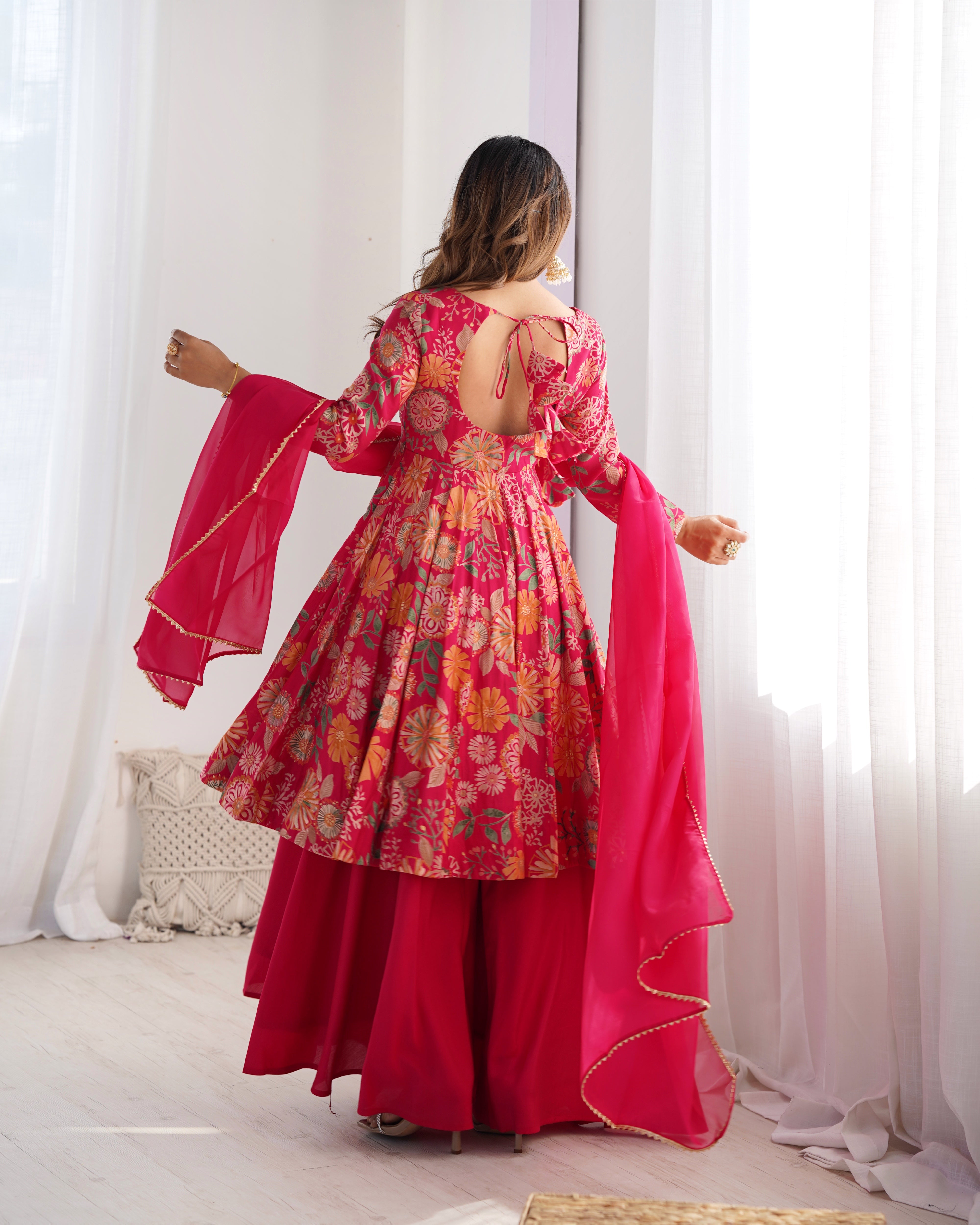 Pink Designer Roman Silk Chanderi Kediya Kurta Set – 4 Mtr Flair with Organza Dupatta & Palazzo