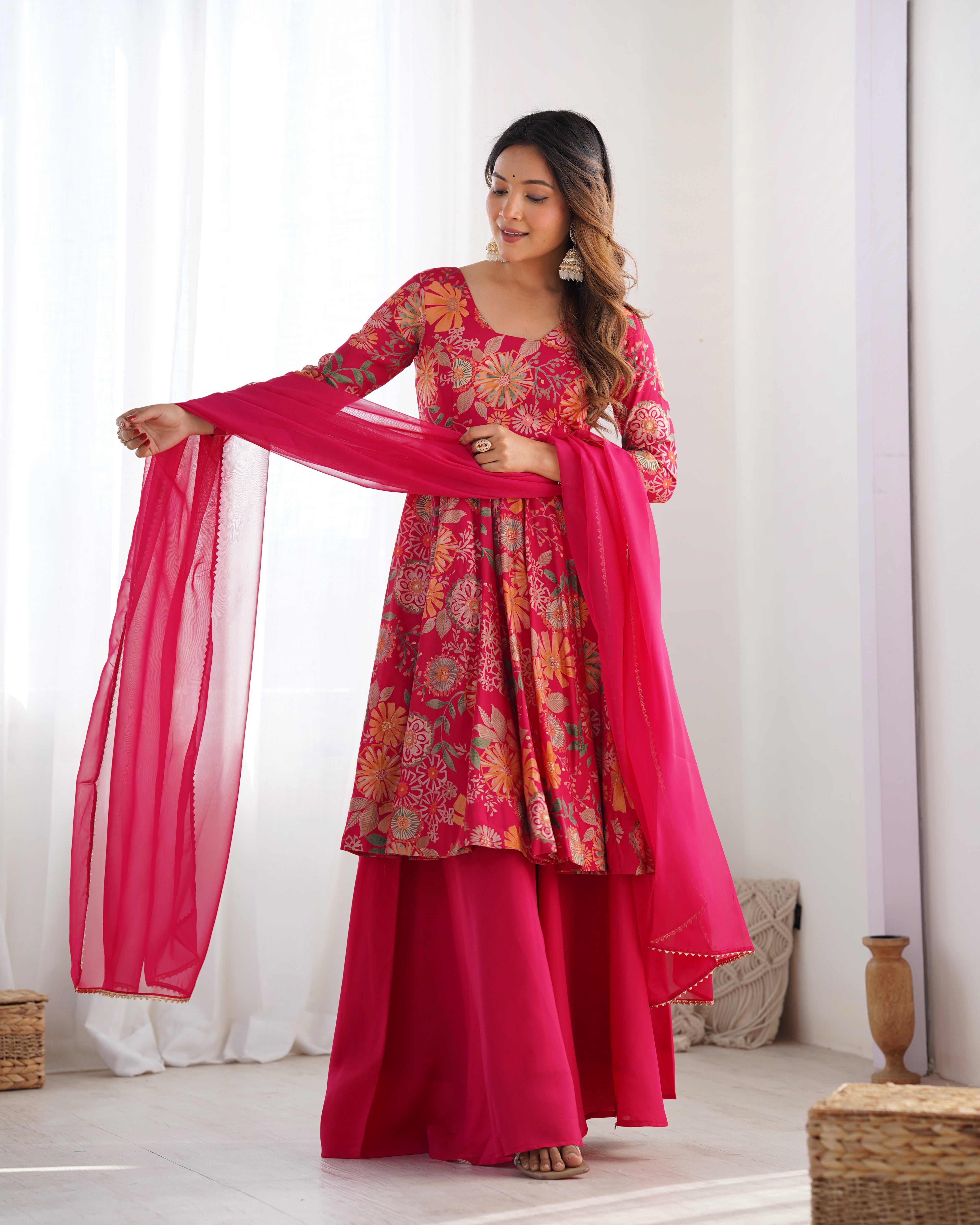 Pink Designer Roman Silk Chanderi Kediya Kurta Set – 4 Mtr Flair with Organza Dupatta & Palazzo