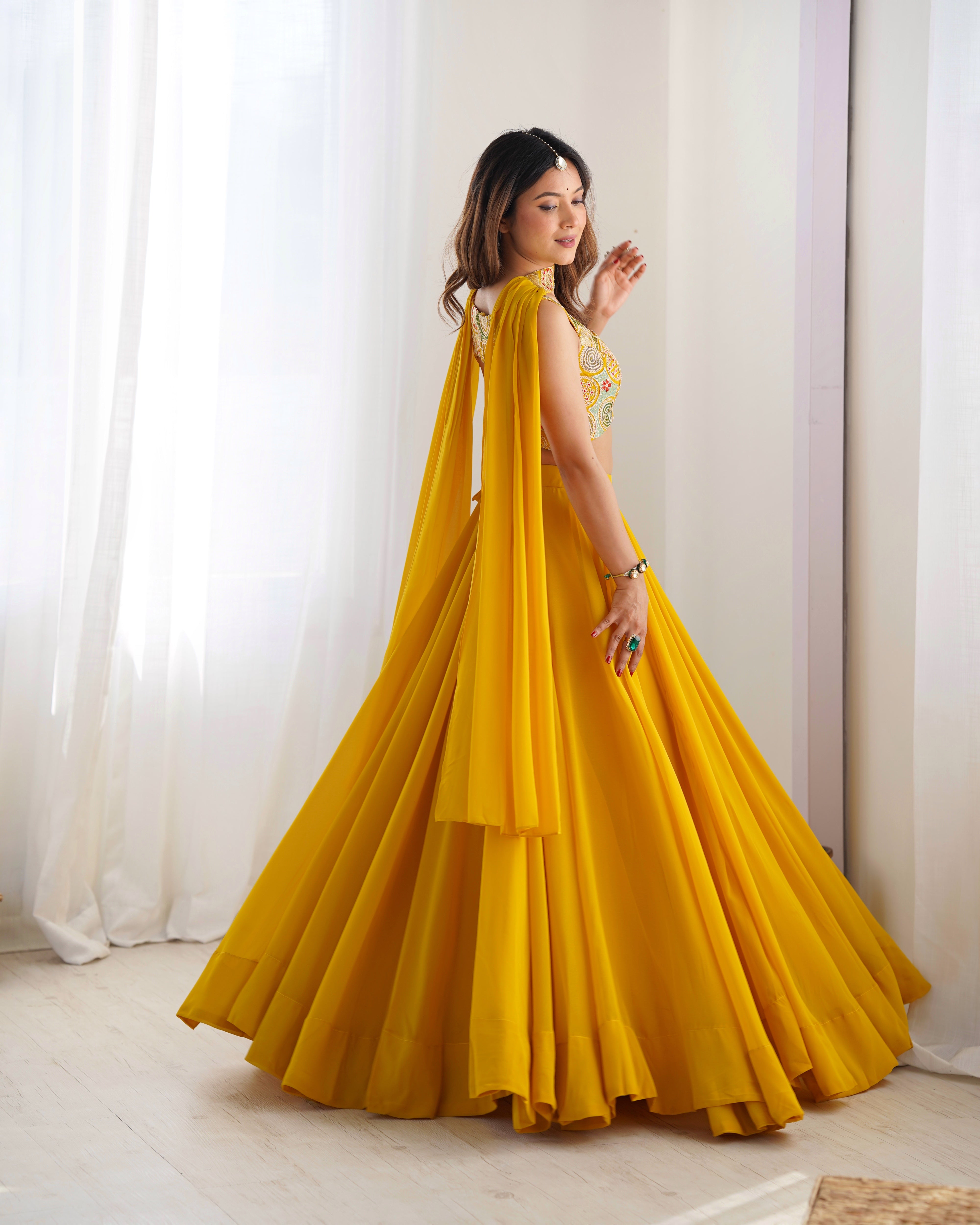 Yellow Designer Fox Georgette Lehenga Set – 8 Mtr Flair with Embroidered Blouse & Neck Belt Dupatta