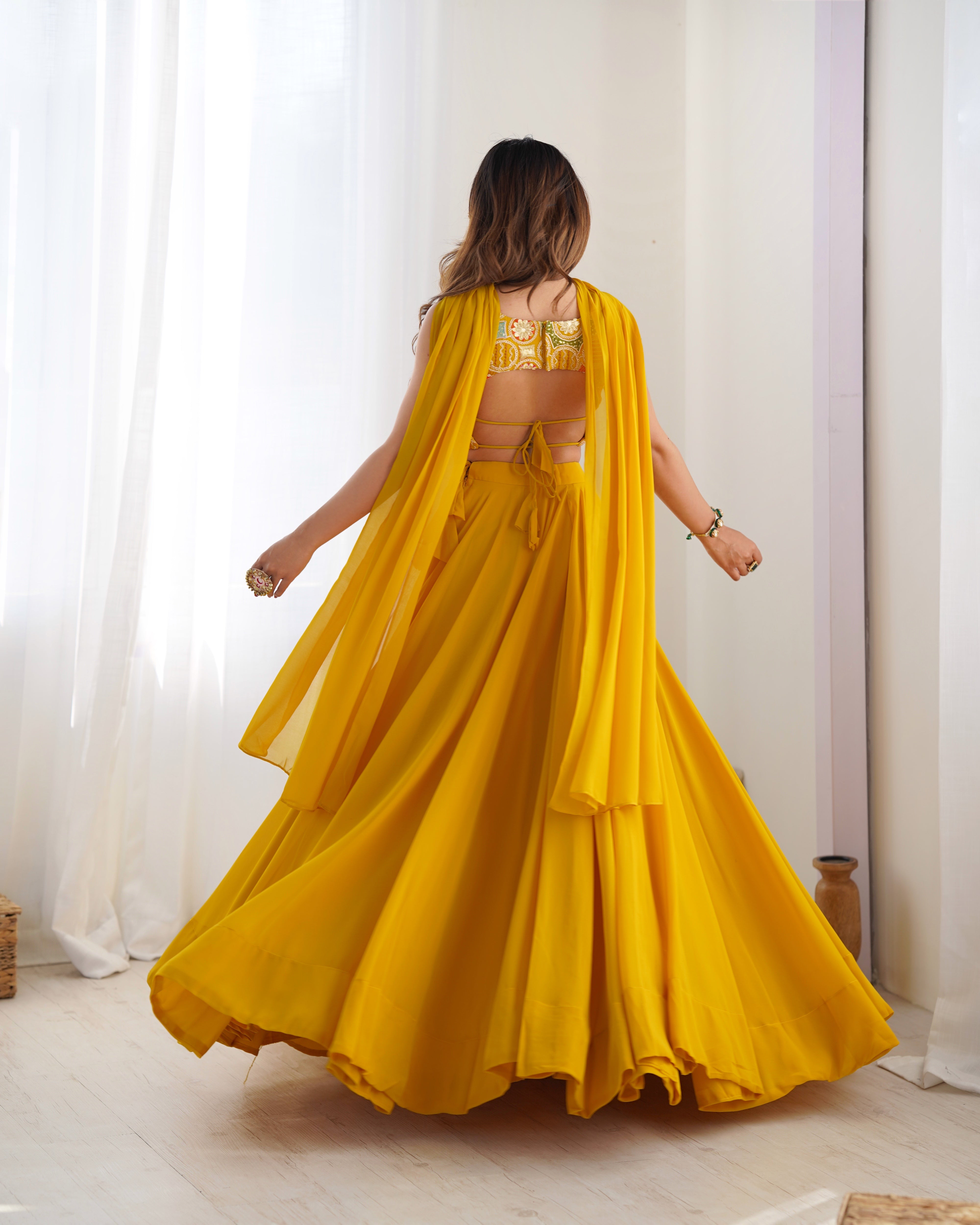 Yellow Designer Fox Georgette Lehenga Set – 8 Mtr Flair with Embroidered Blouse & Neck Belt Dupatta