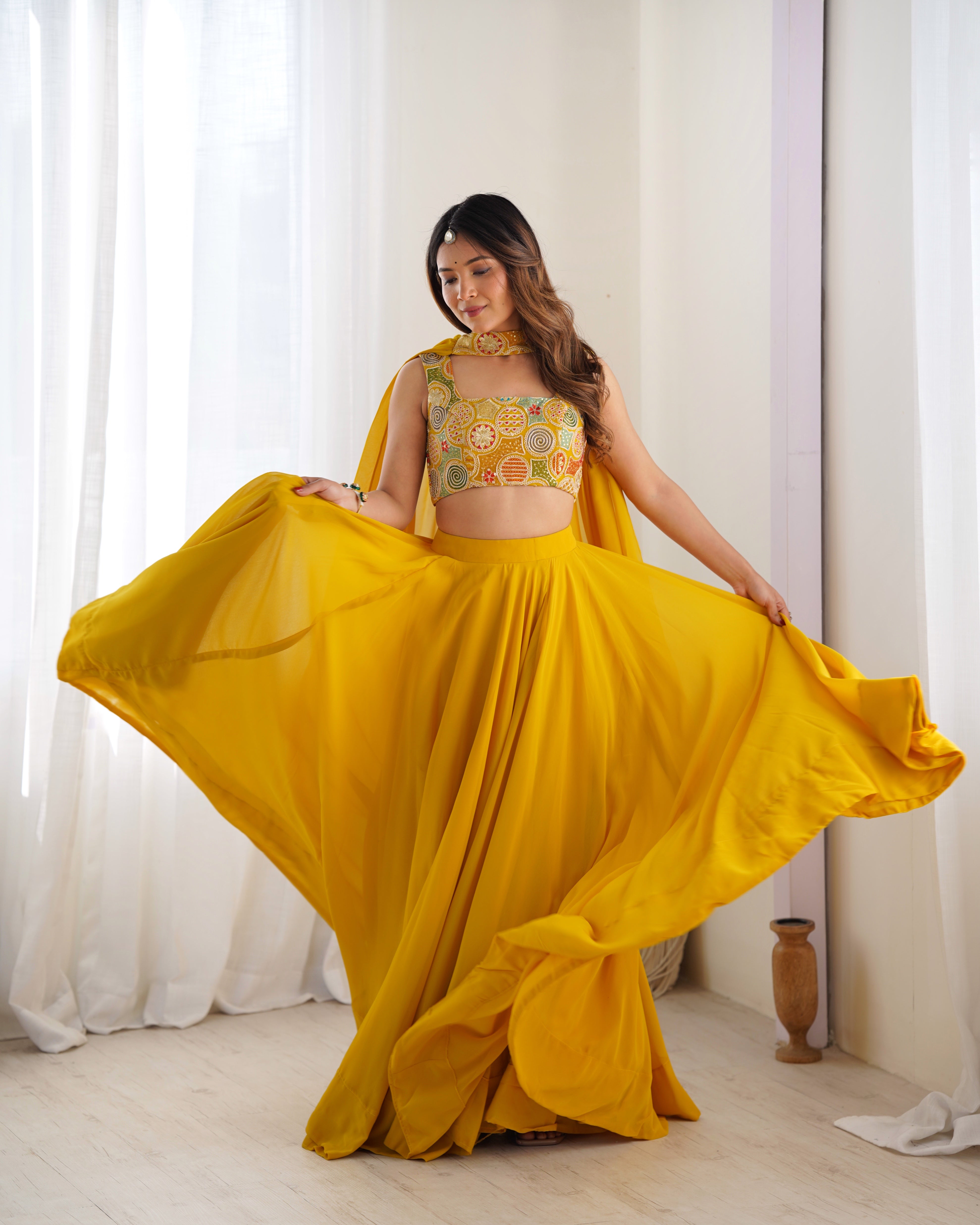 Yellow Designer Fox Georgette Lehenga Set – 8 Mtr Flair with Embroidered Blouse & Neck Belt Dupatta
