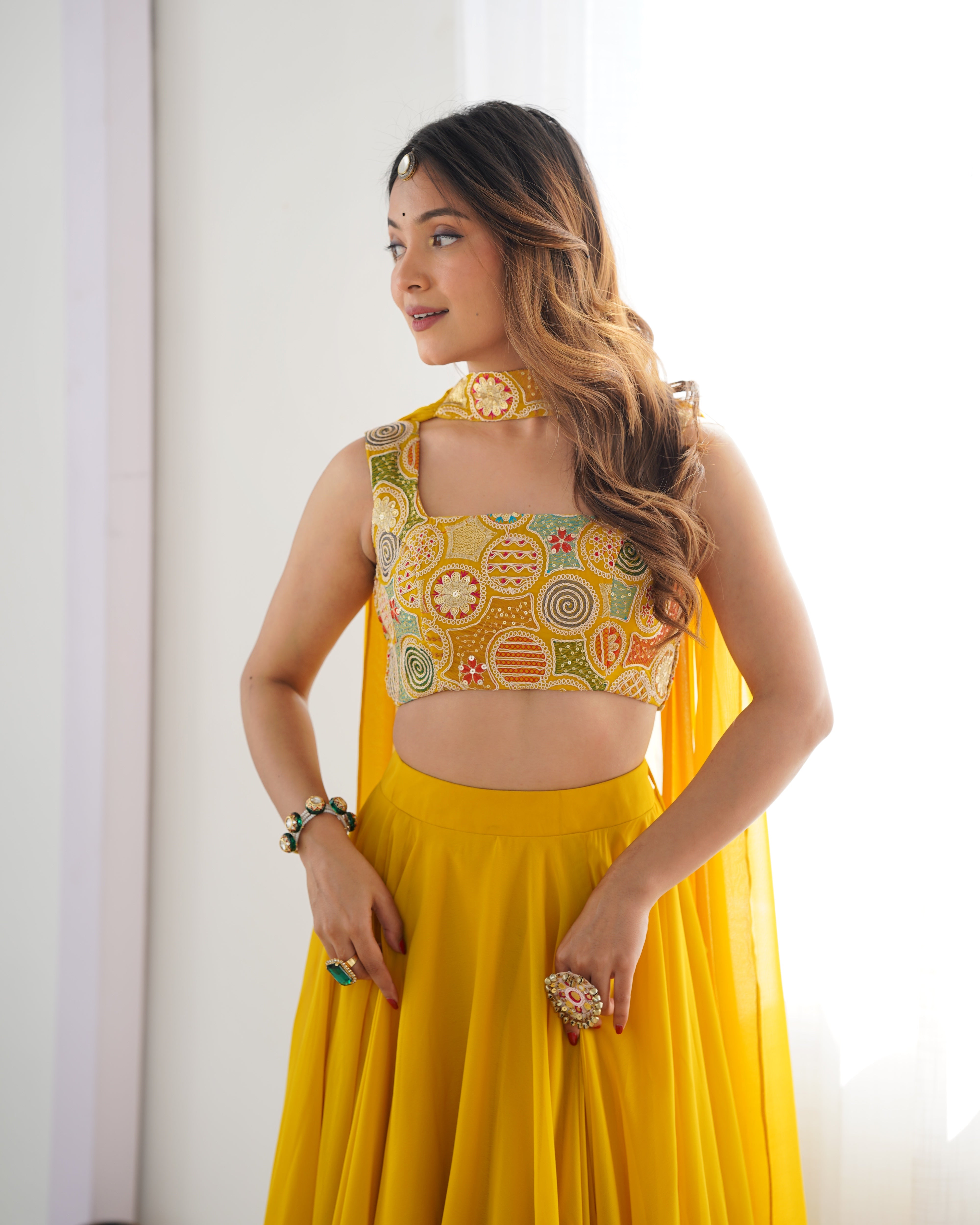 Yellow Designer Fox Georgette Lehenga Set – 8 Mtr Flair with Embroidered Blouse & Neck Belt Dupatta