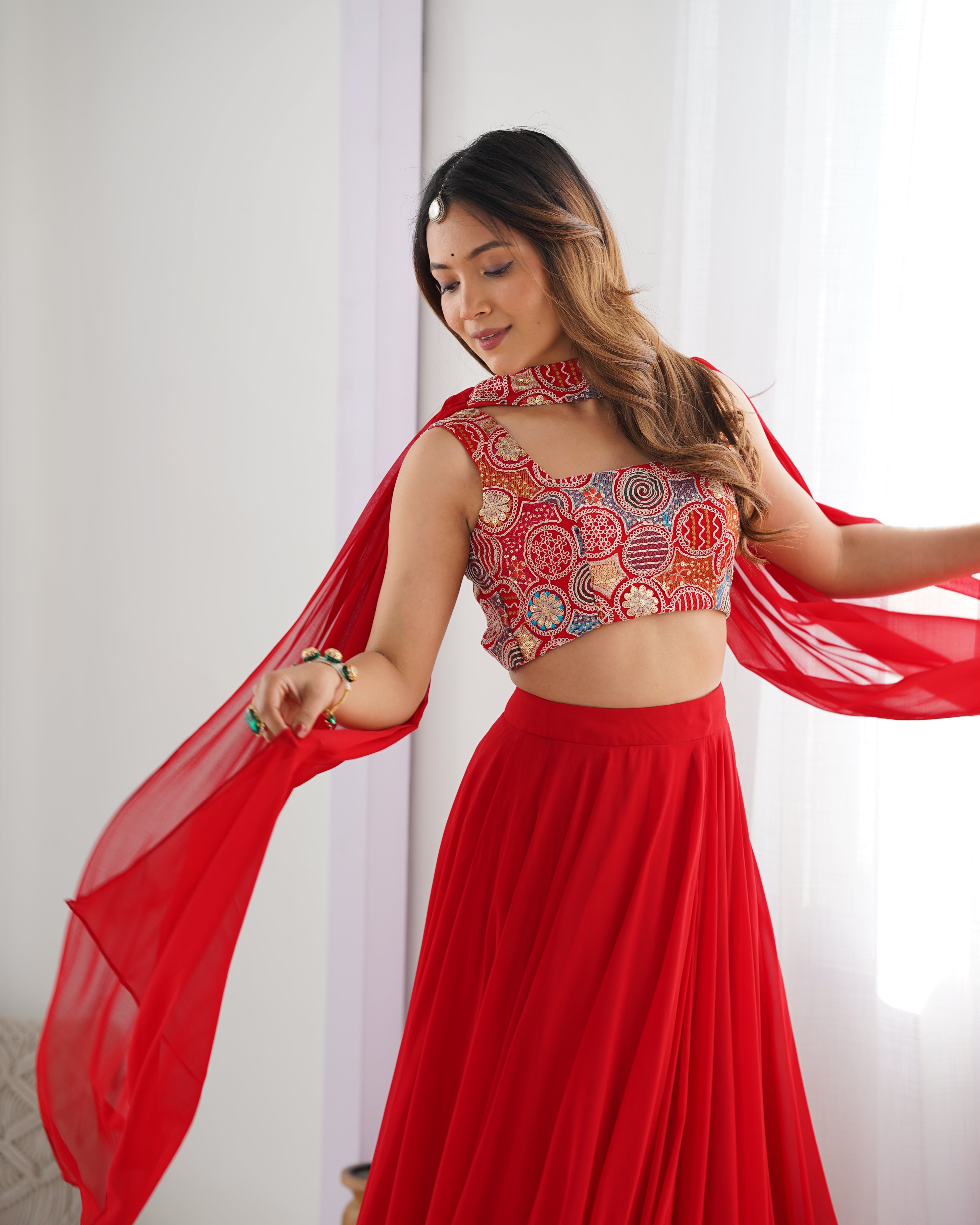 Designer Fox Georgette Lehenga Set – 8 Mtr Flair with Embroidered Blouse & Neck Belt Dupatta