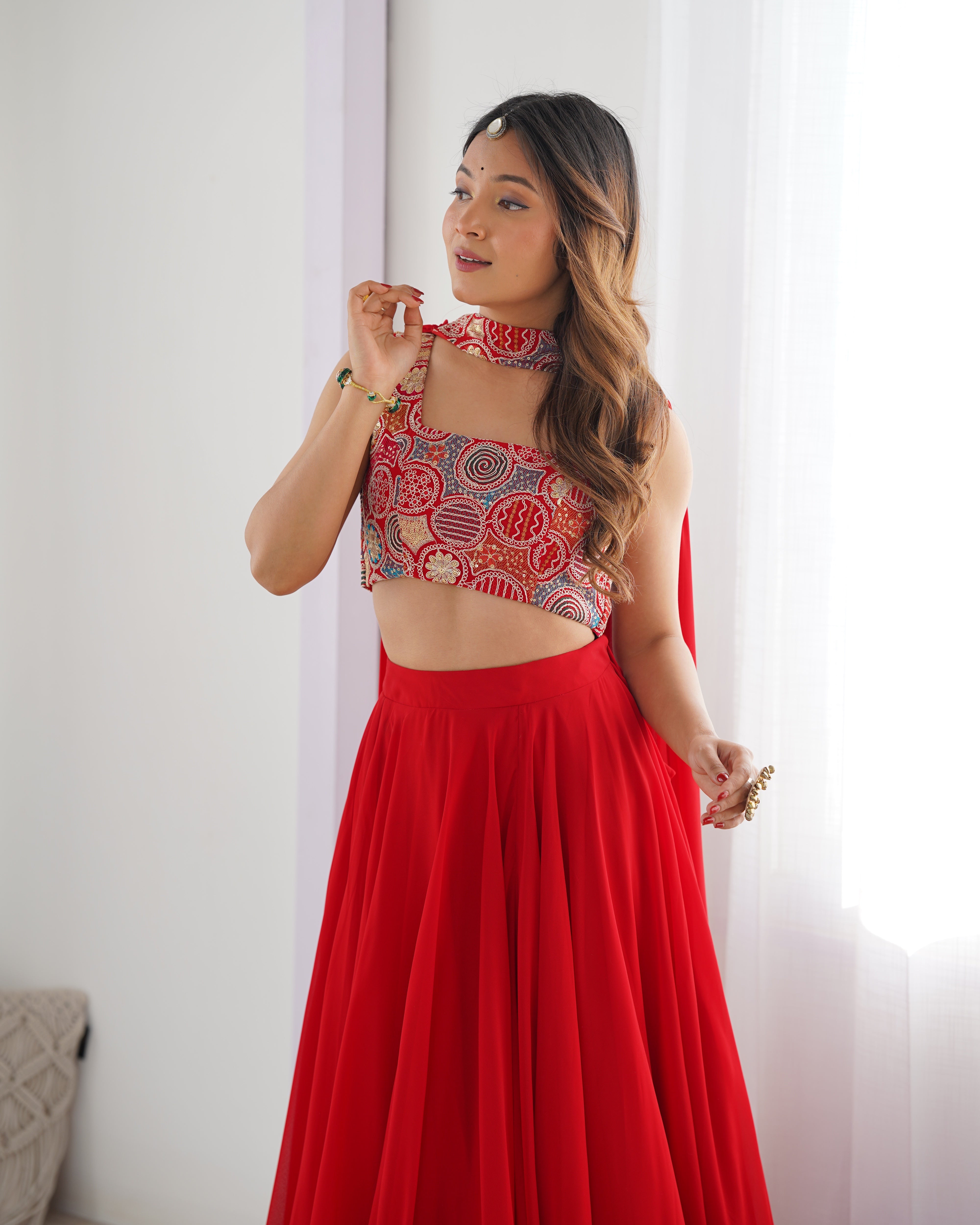 Designer Fox Georgette Lehenga Set – 8 Mtr Flair with Embroidered Blouse & Neck Belt Dupatta