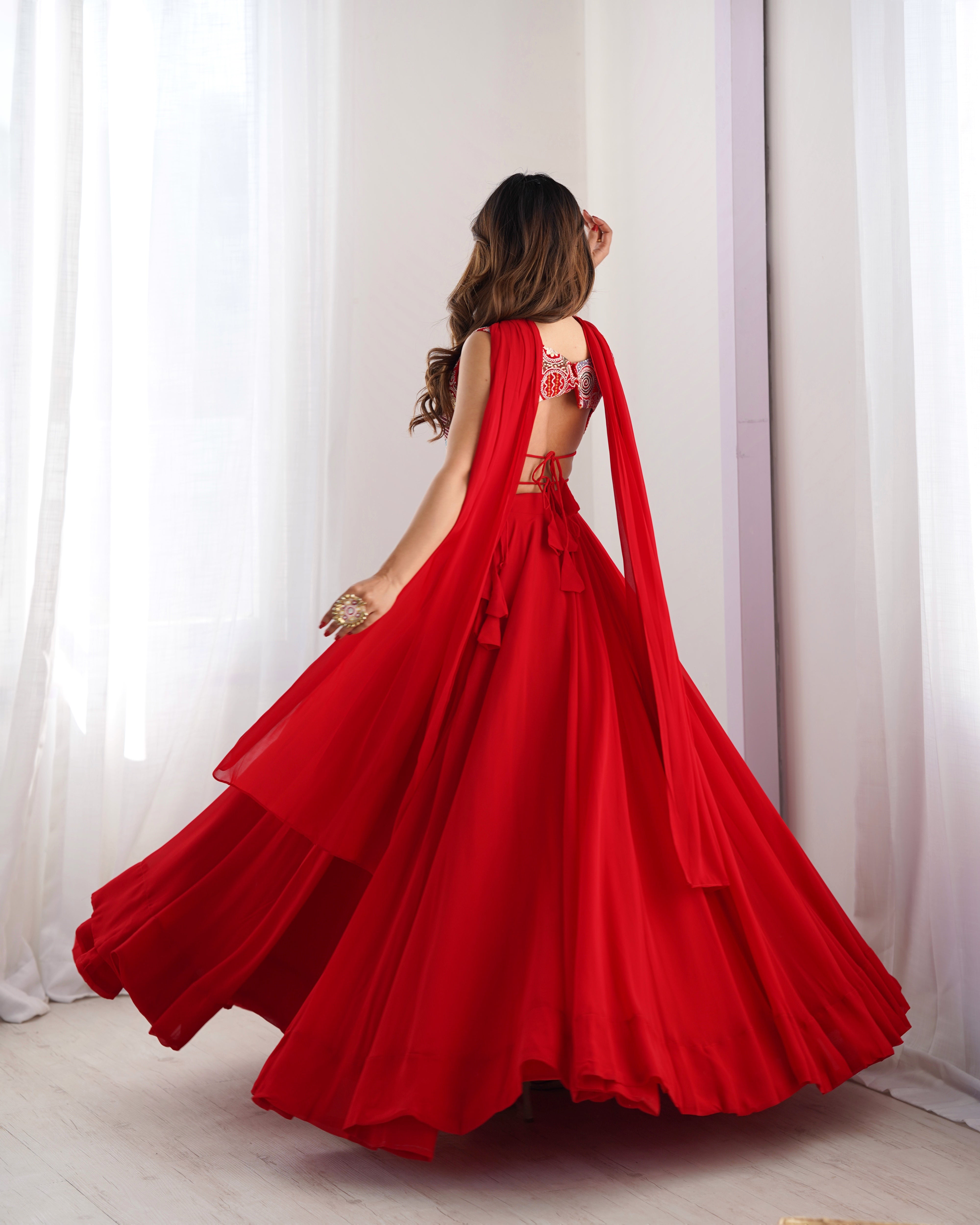 Designer Fox Georgette Lehenga Set – 8 Mtr Flair with Embroidered Blouse & Neck Belt Dupatta