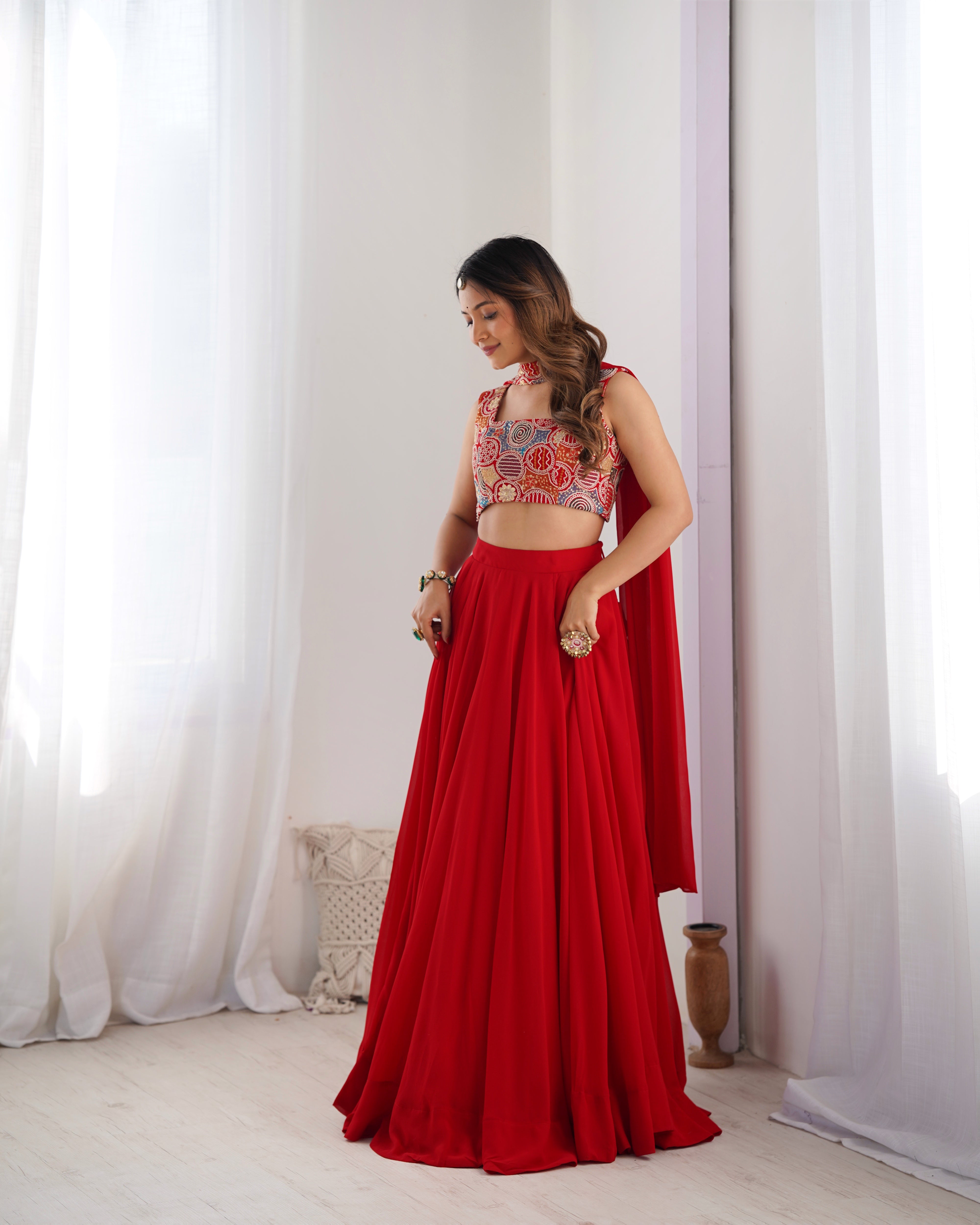 Designer Fox Georgette Lehenga Set – 8 Mtr Flair with Embroidered Blouse & Neck Belt Dupatta