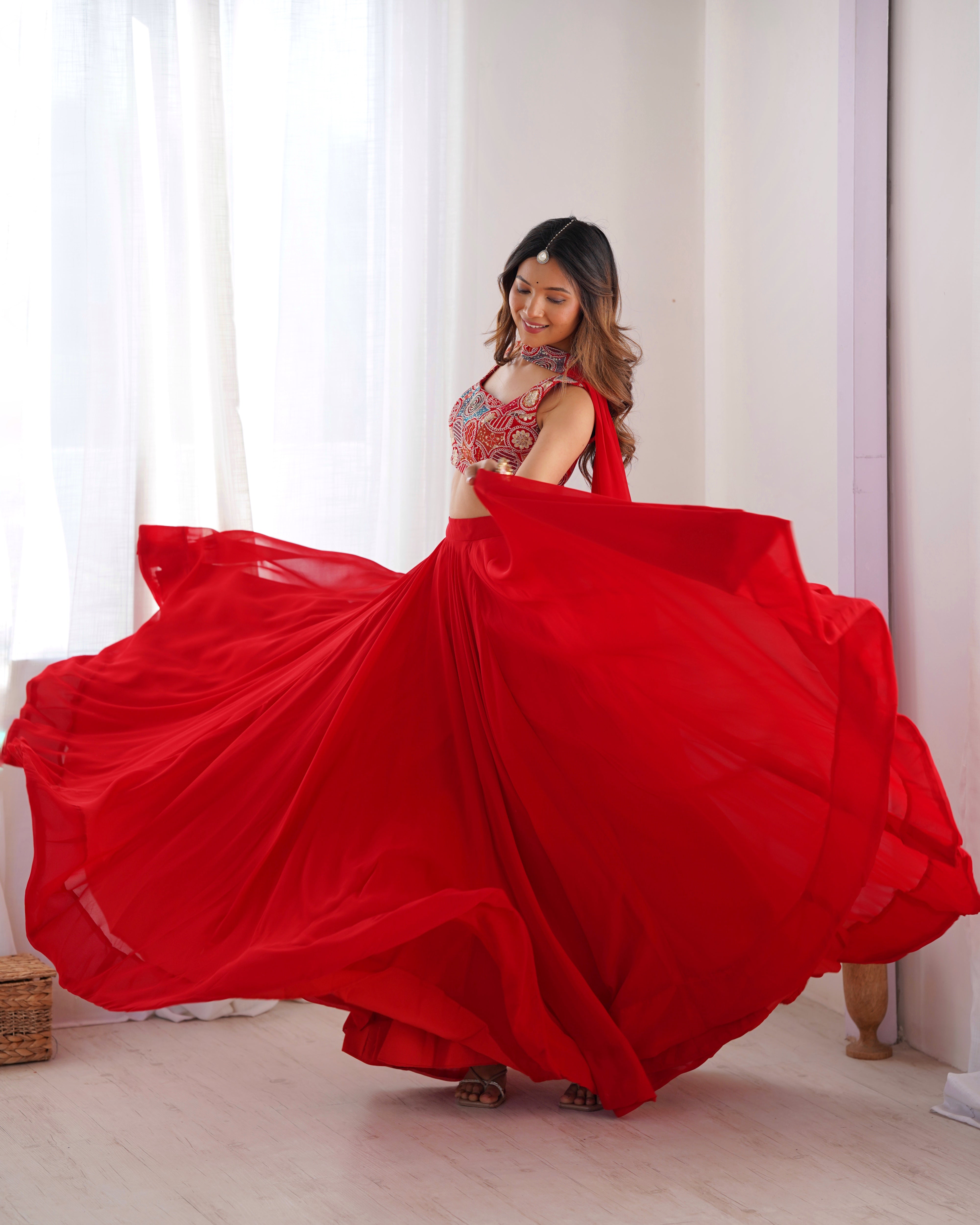 Designer Fox Georgette Lehenga Set – 8 Mtr Flair with Embroidered Blouse & Neck Belt Dupatta