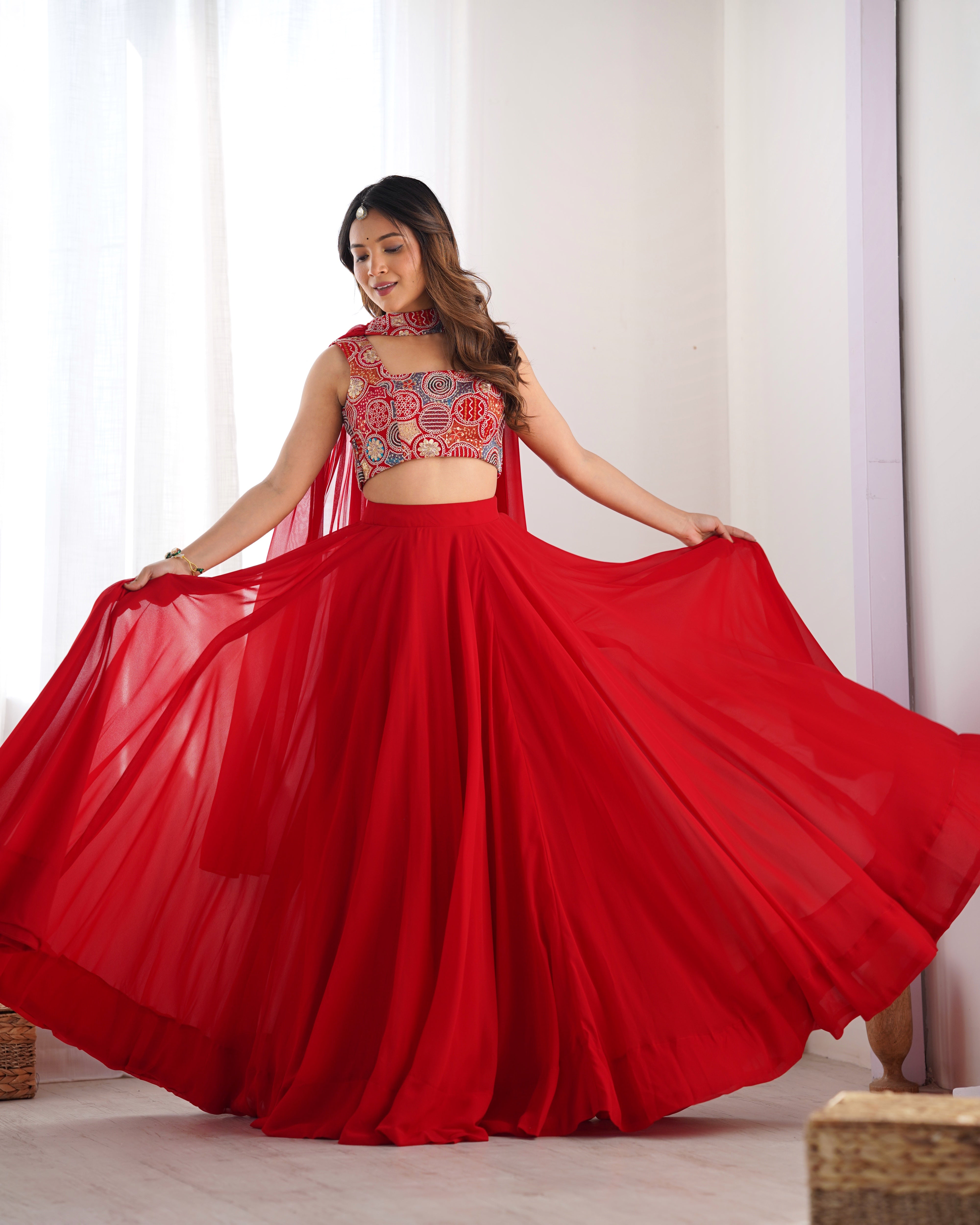 Designer Fox Georgette Lehenga Set – 8 Mtr Flair with Embroidered Blouse & Neck Belt Dupatta