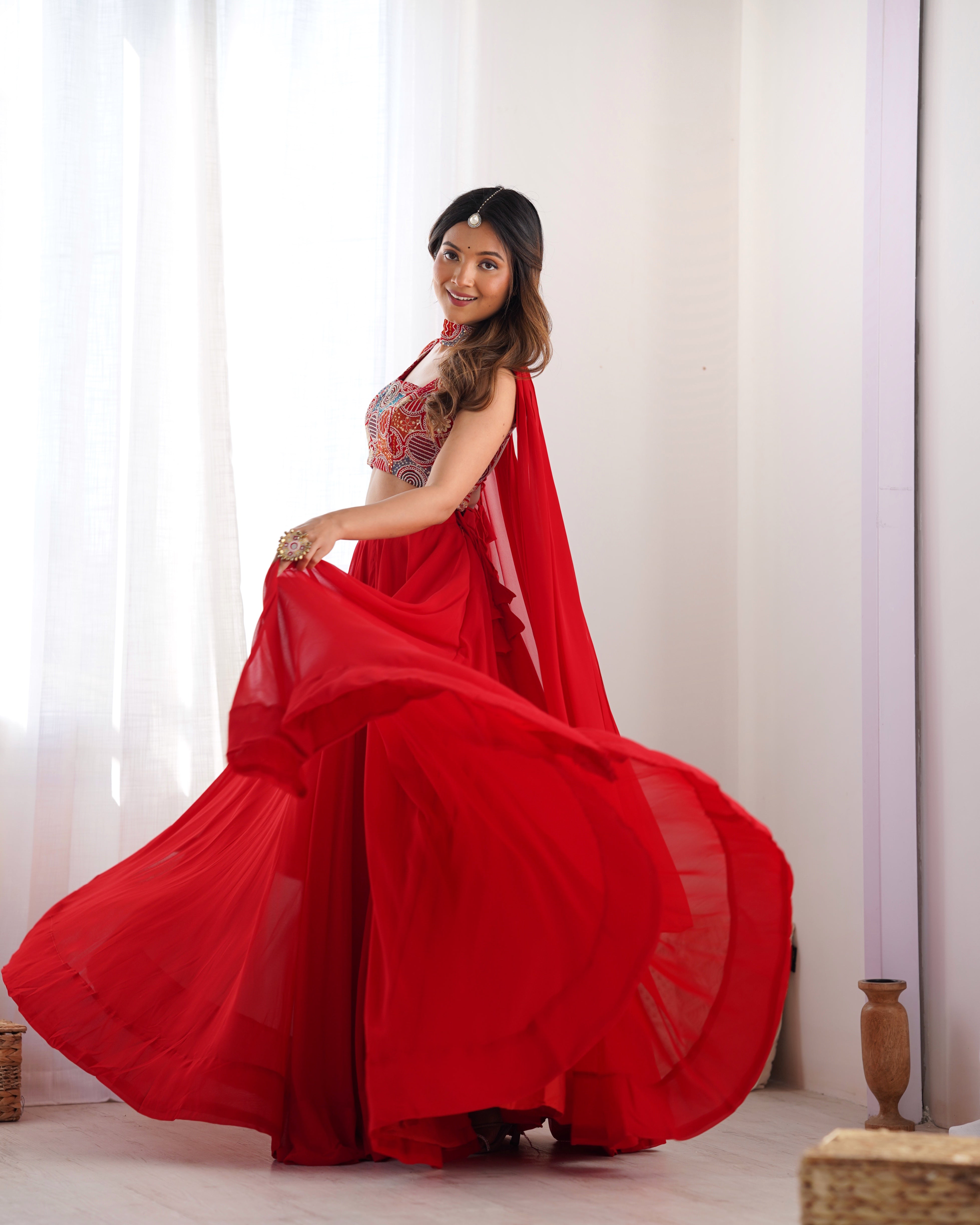 Designer Fox Georgette Lehenga Set – 8 Mtr Flair with Embroidered Blouse & Neck Belt Dupatta