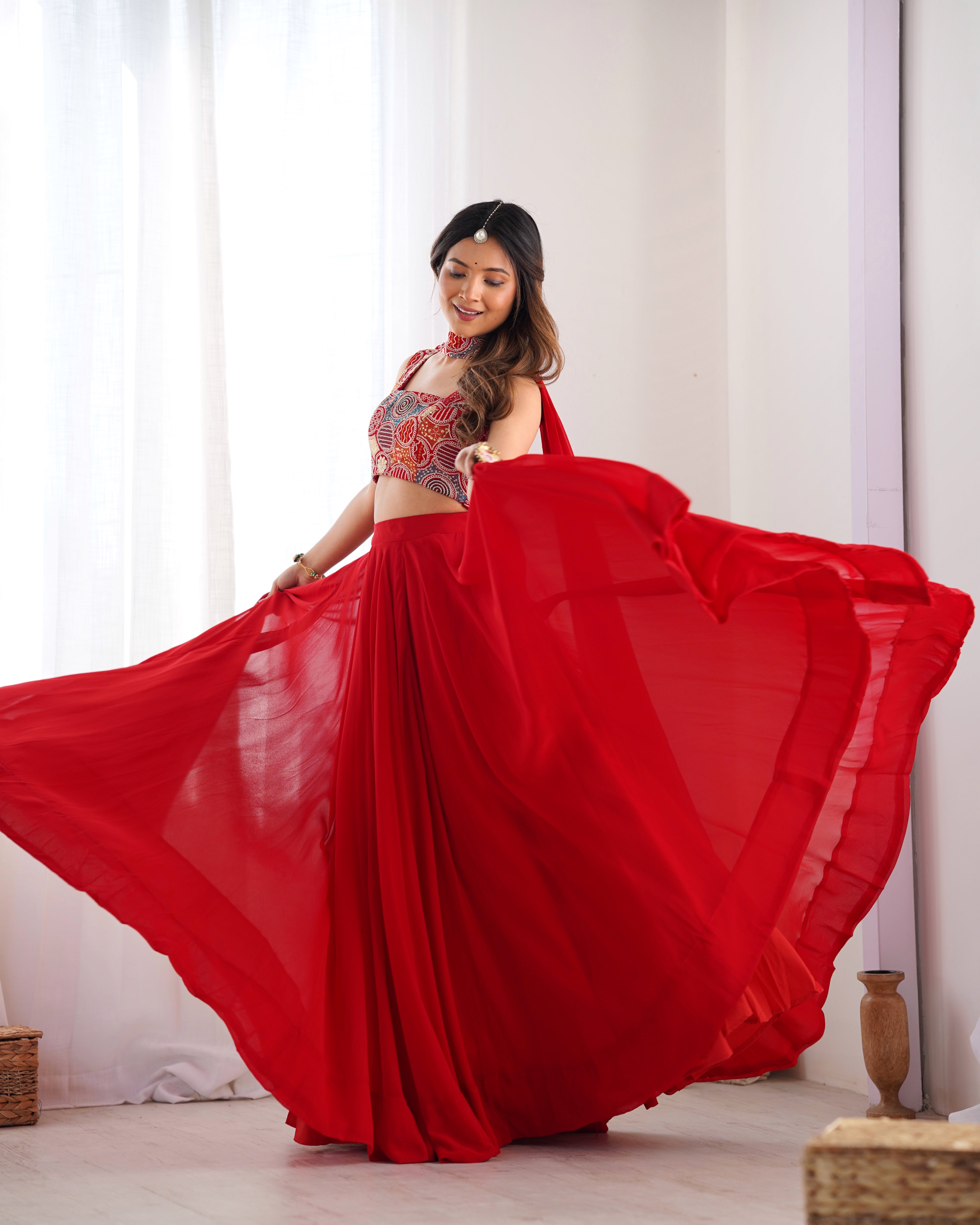 Designer Fox Georgette Lehenga Set – 8 Mtr Flair with Embroidered Blouse & Neck Belt Dupatta
