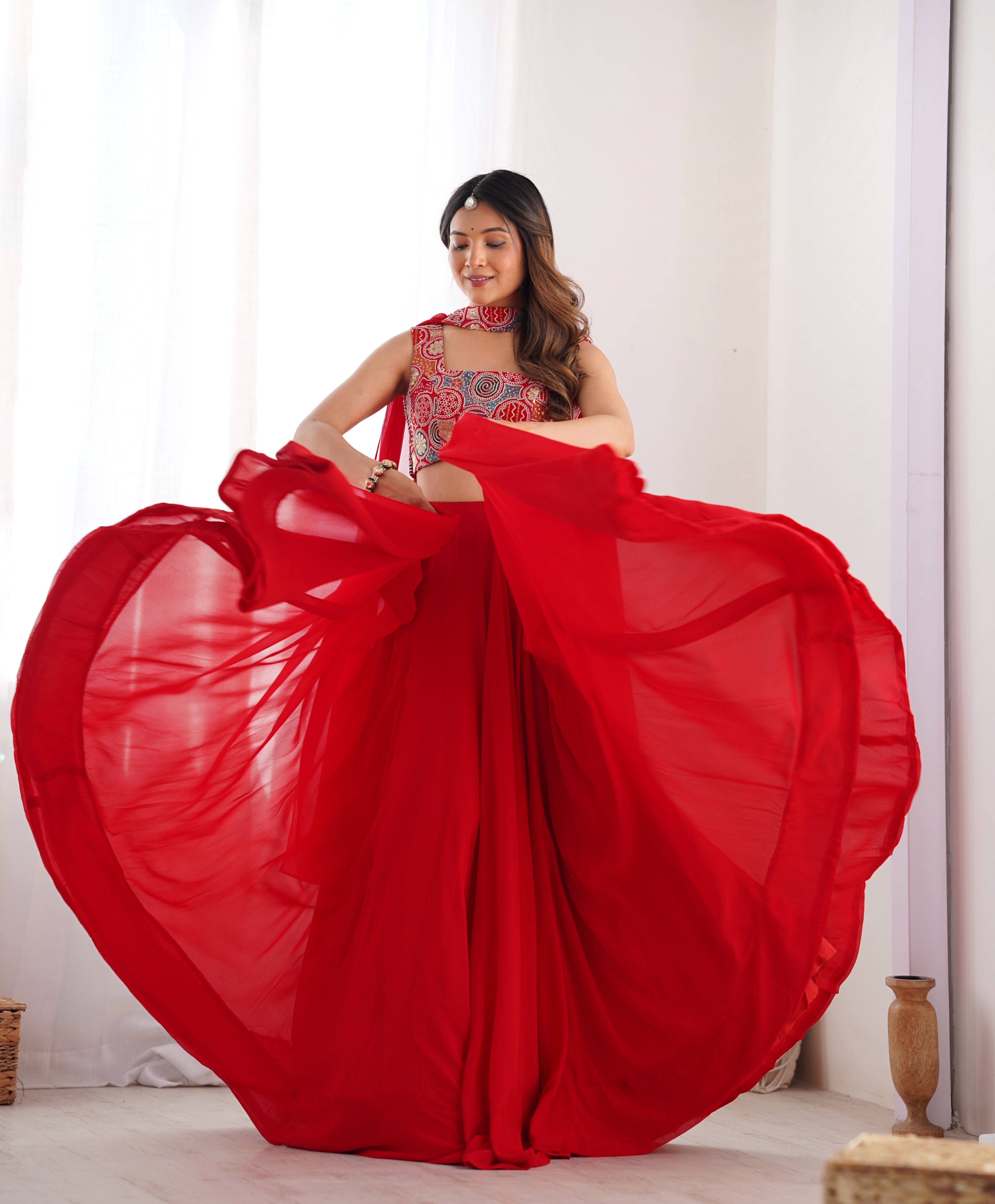 Designer Fox Georgette Lehenga Set – 8 Mtr Flair with Embroidered Blouse & Neck Belt Dupatta