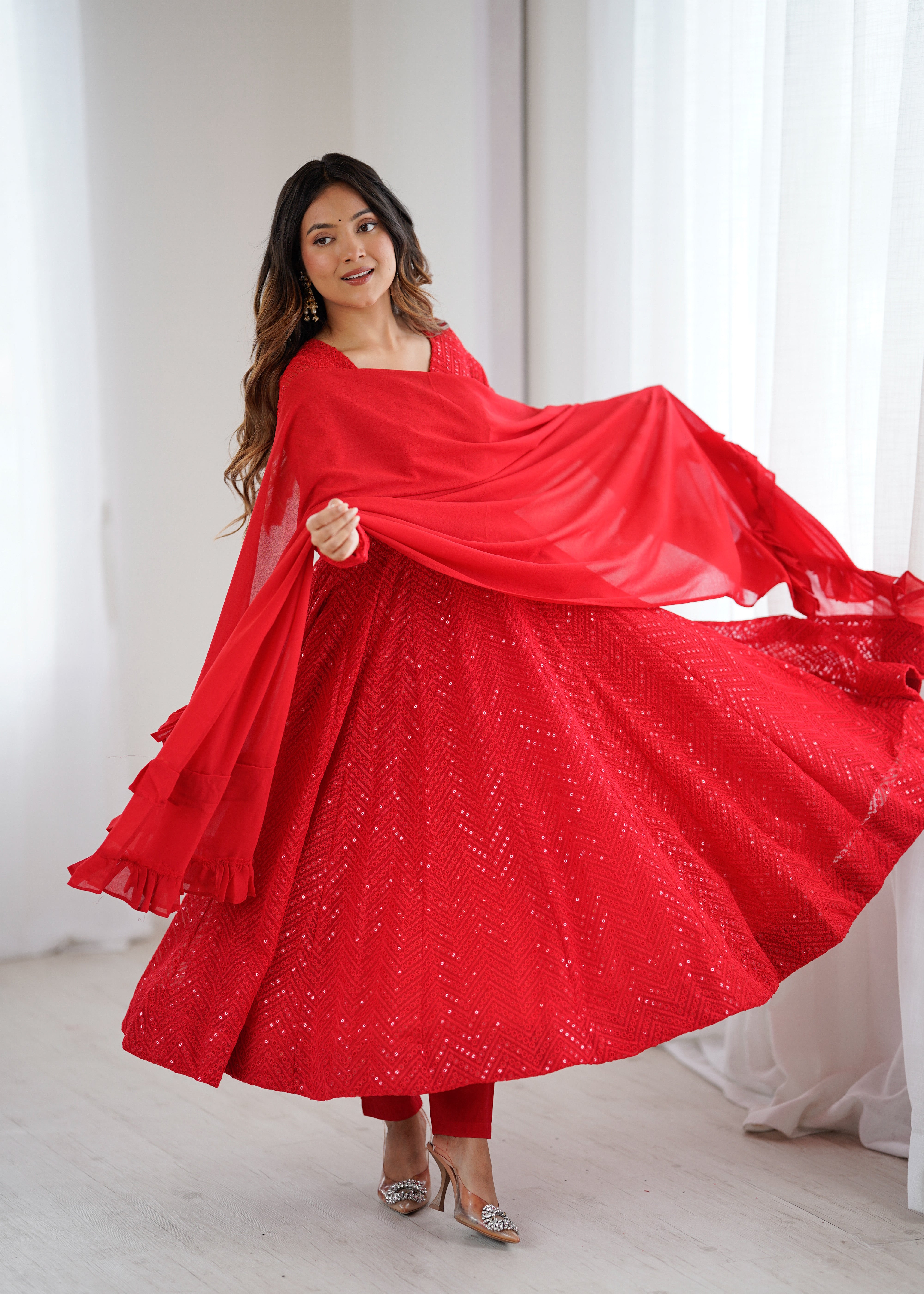 Red Color New Arrival Designer Georgette Lucknowi Sequence Work Anarkali Set