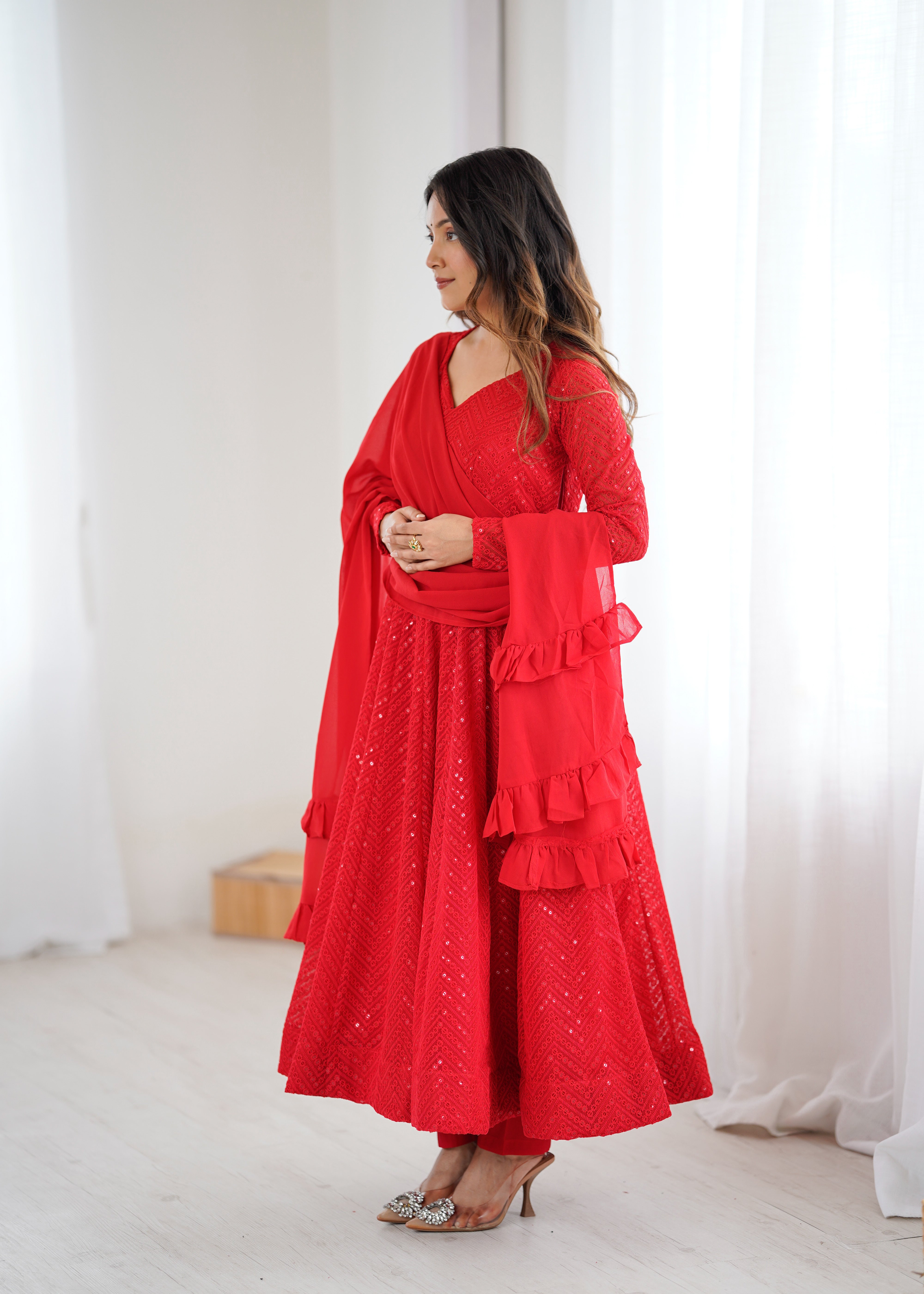 Red Color New Arrival Designer Georgette Lucknowi Sequence Work Anarkali Set