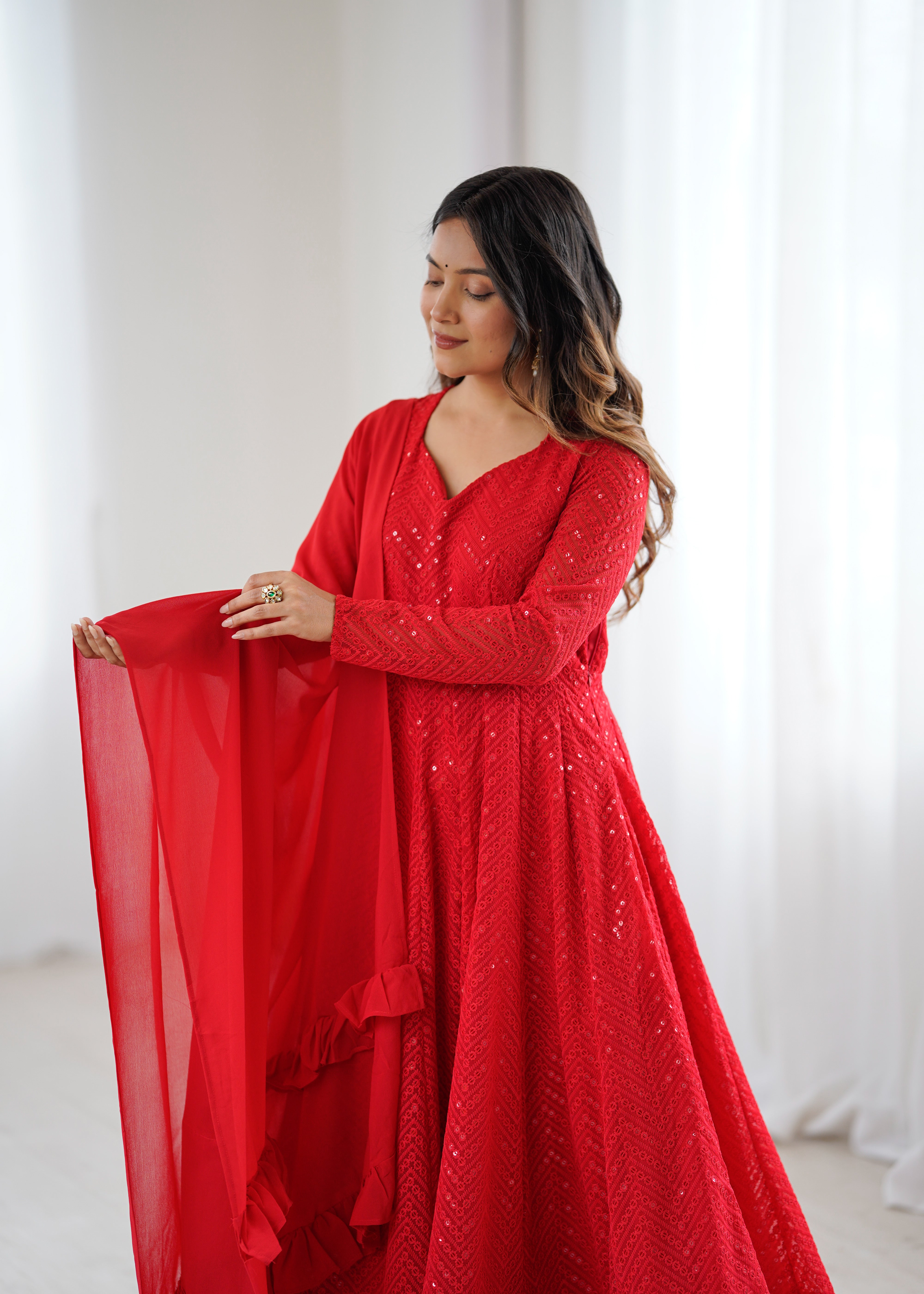 Red Color New Arrival Designer Georgette Lucknowi Sequence Work Anarkali Set