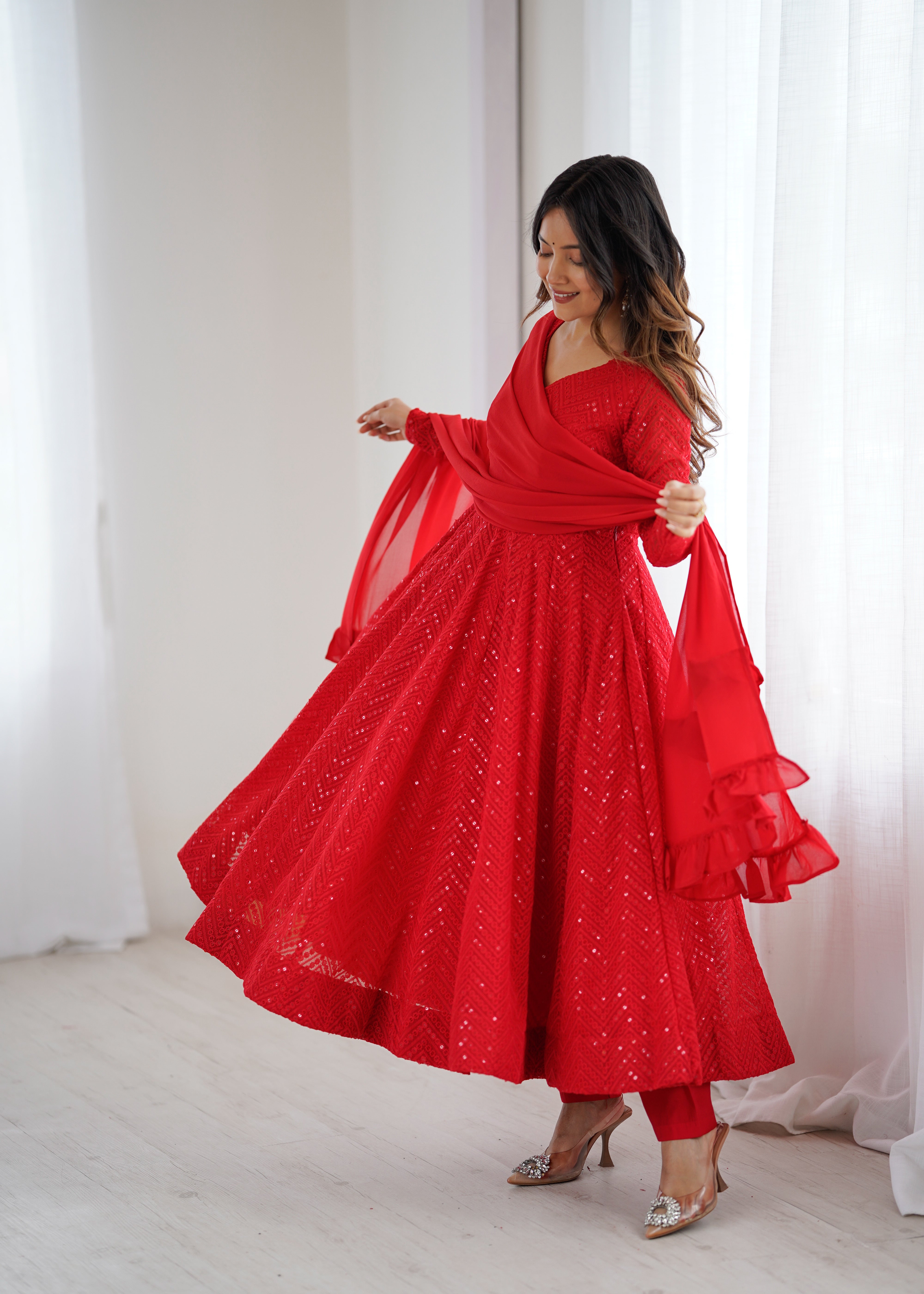 Red Color New Arrival Designer Georgette Lucknowi Sequence Work Anarkali Set