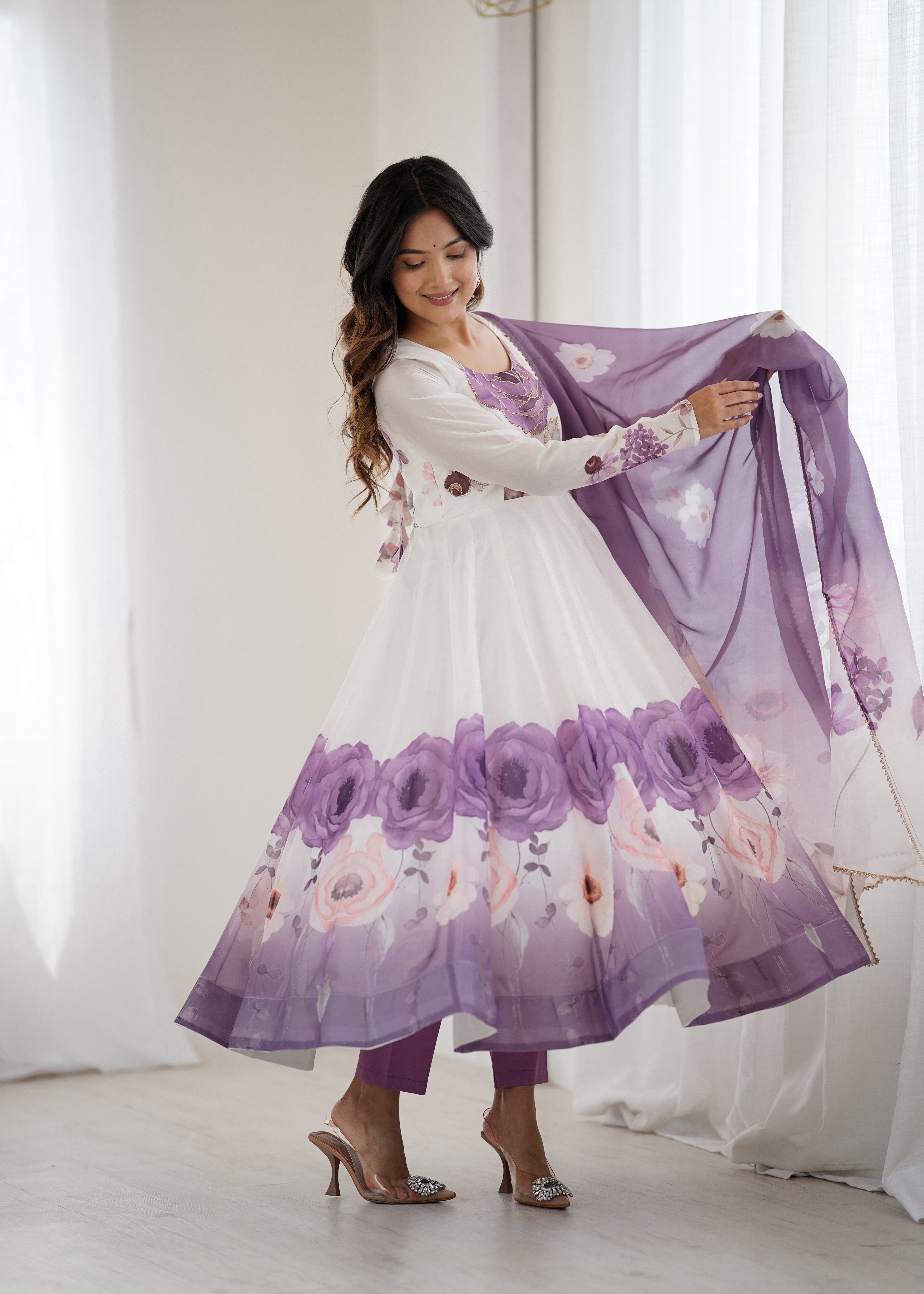 New Partywear Heavy Pure Soft Organza Silk Beautiful Rose Pattern Anarkali Set