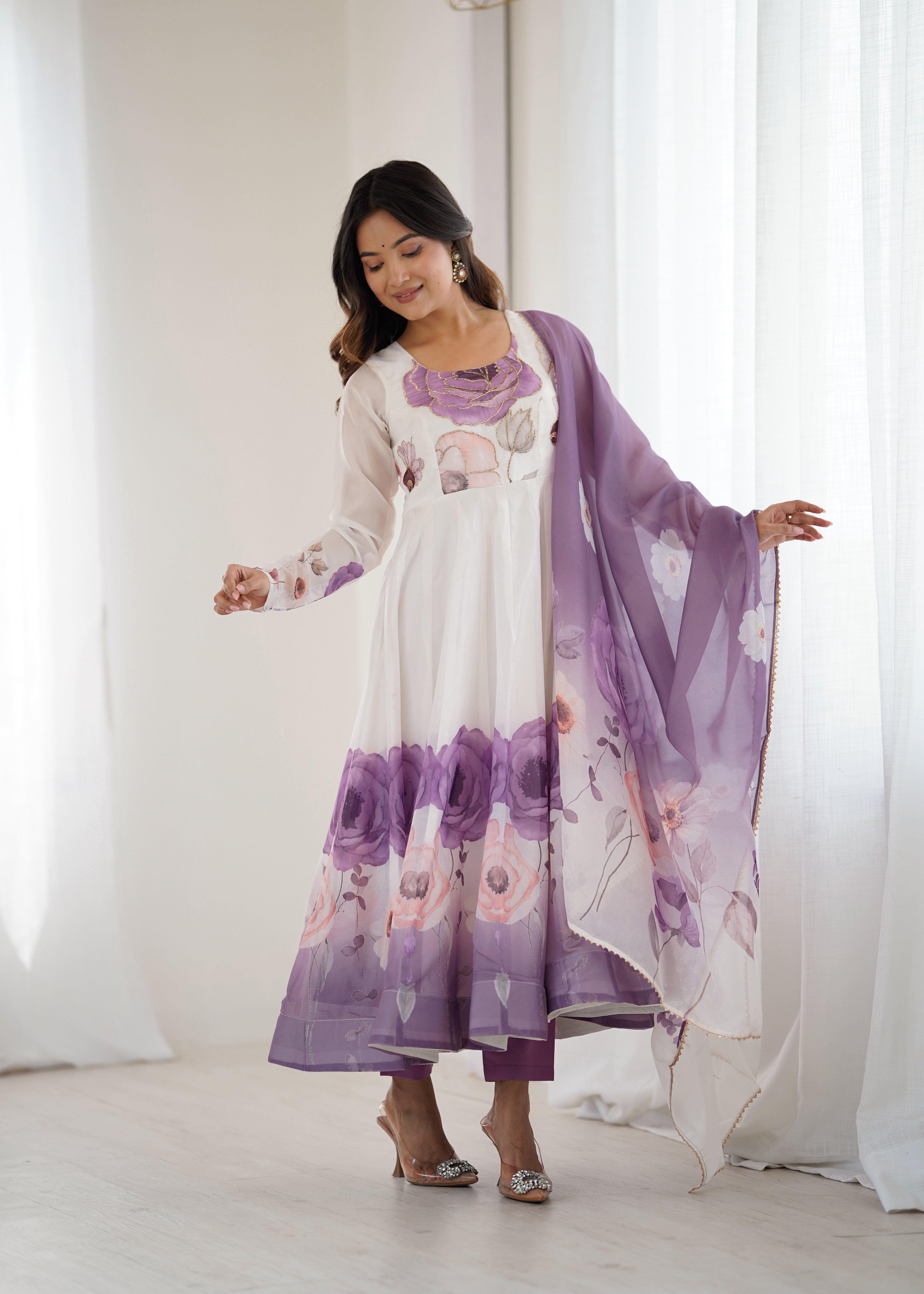 New Partywear Heavy Pure Soft Organza Silk Beautiful Rose Pattern Anarkali Set