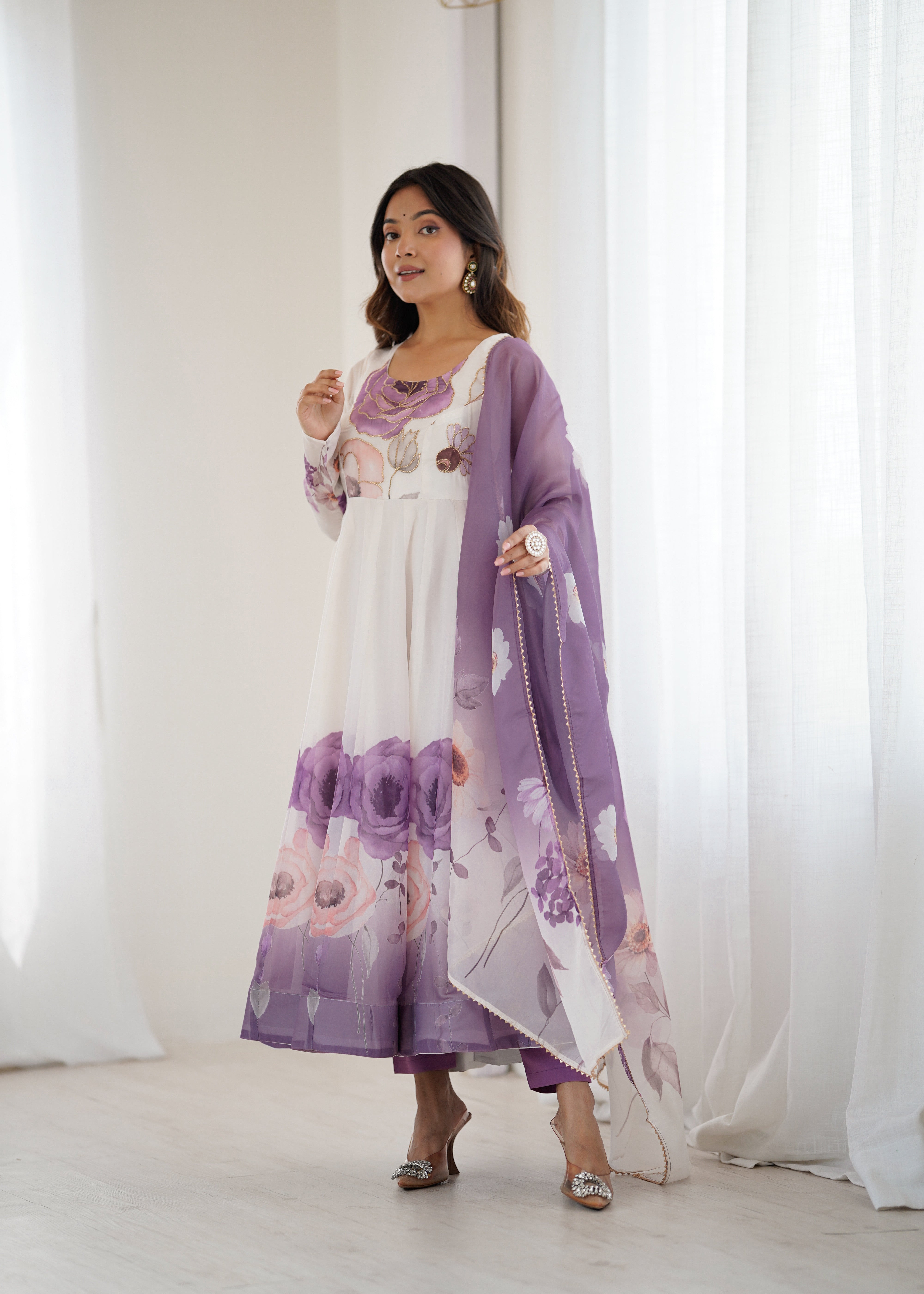 New Partywear Heavy Pure Soft Organza Silk Beautiful Rose Pattern Anarkali Set